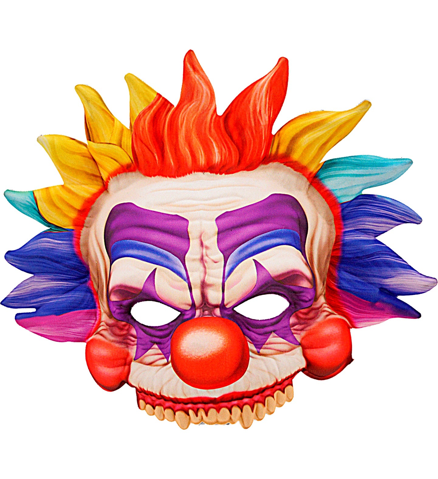A soft EVA killer clown mask featuring a menacing expression, purple makeup, and a mane of spiky, multi-coloured rainbow hair.