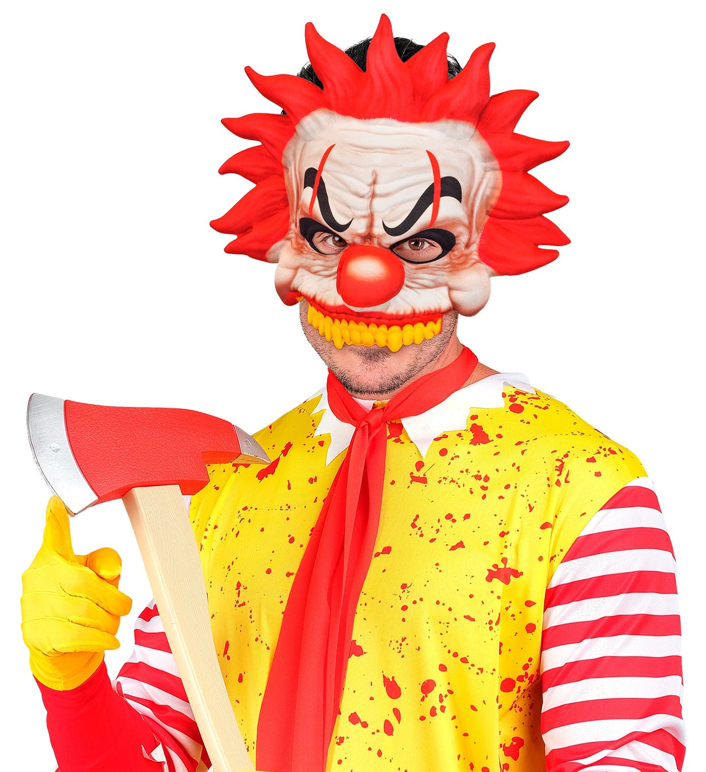 A person in a full killer clown costume, wearing the chinless fabric mask and holding a prop axe.