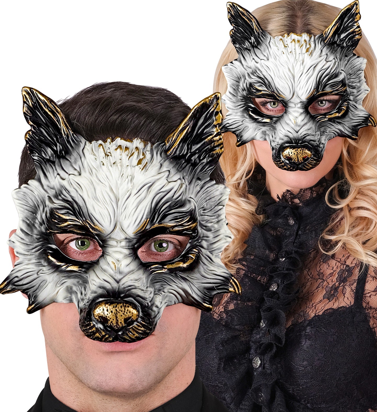 A man and a woman both wearing the elegant white and gold wolf half-mask, suitable for a couples' masquerade costume.