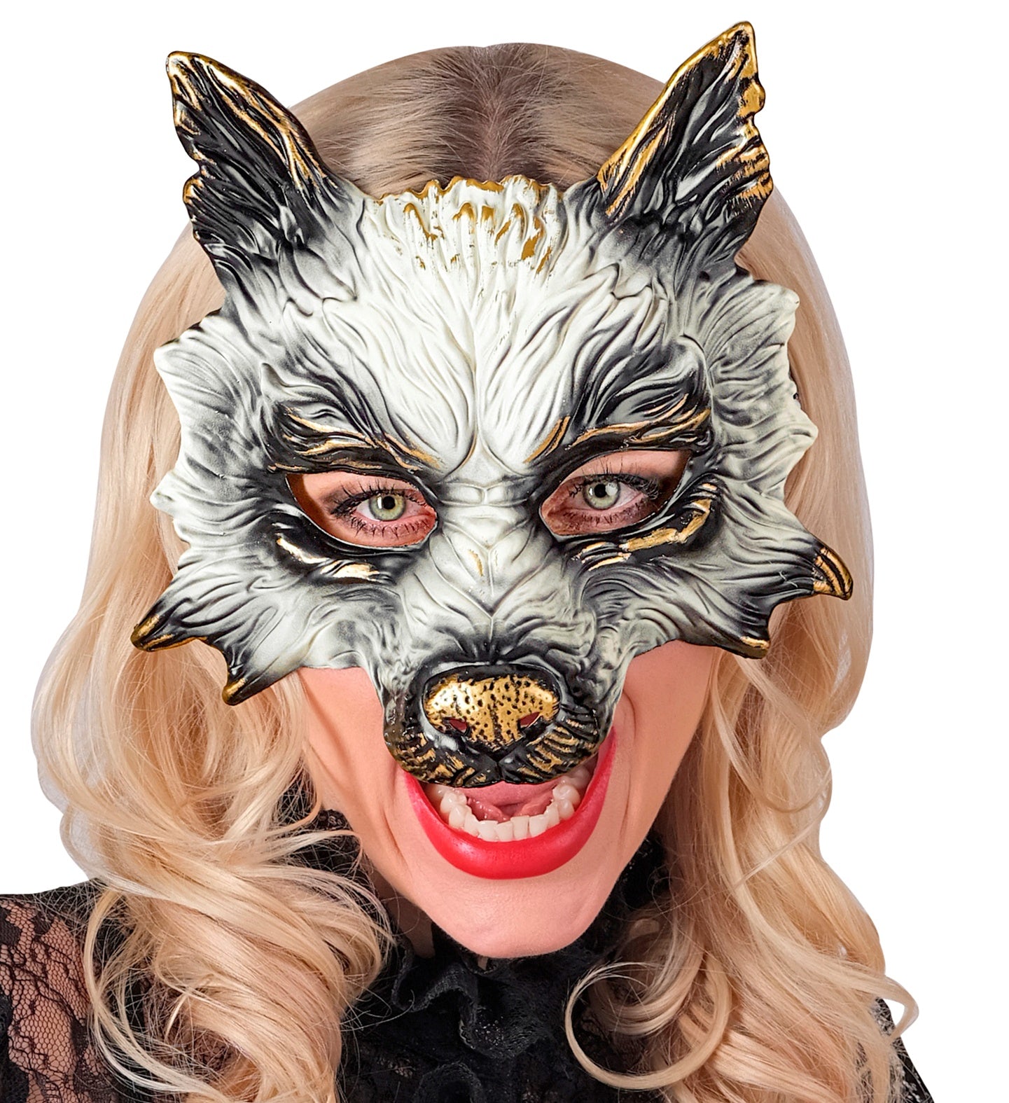 A smiling woman with blonde hair and red lipstick wears a white and gold chinless wolf mask, showing how it leaves the mouth free to snarl or smile.