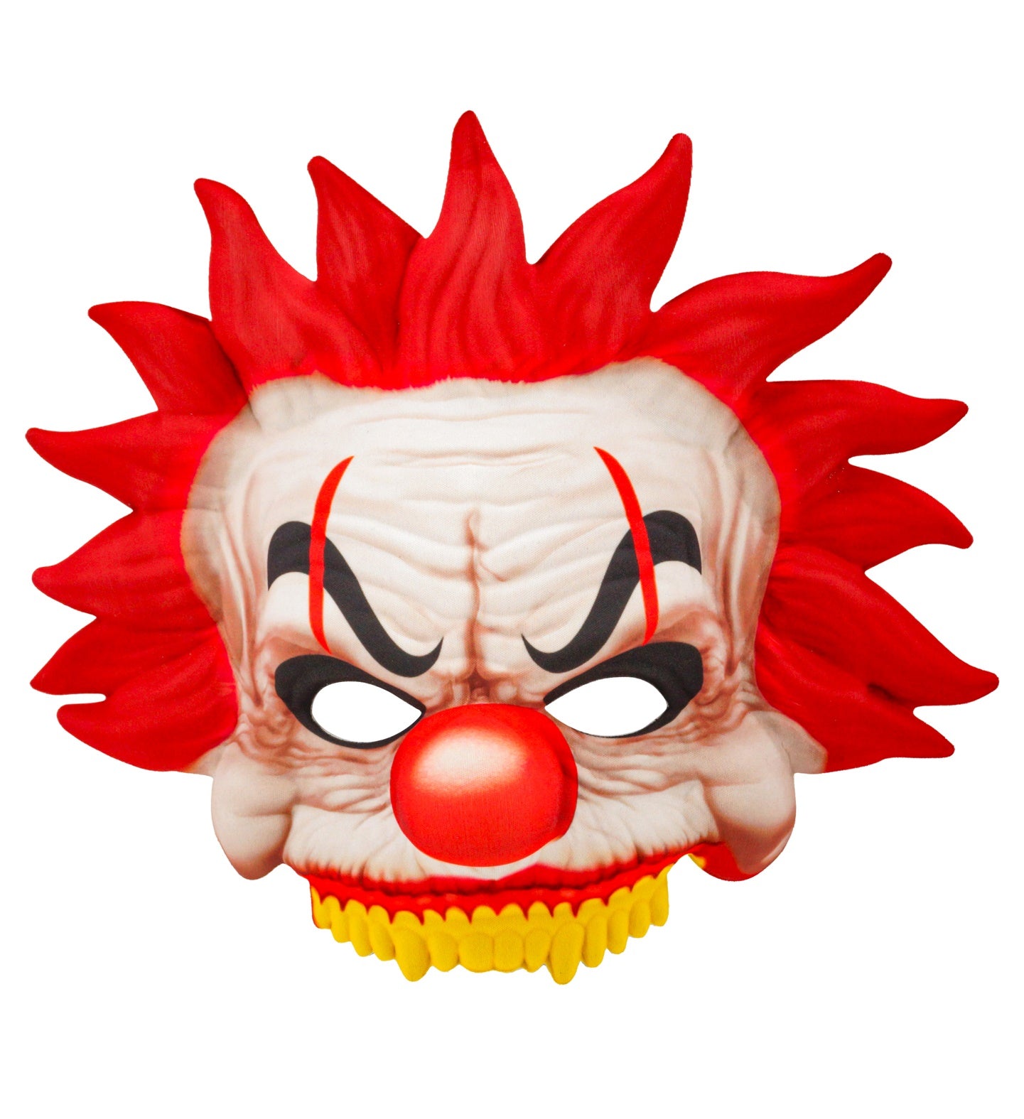 A soft EVA killer clown mask with red spiky hair, angry makeup, a red nose, and a jagged upper row of yellow teeth.