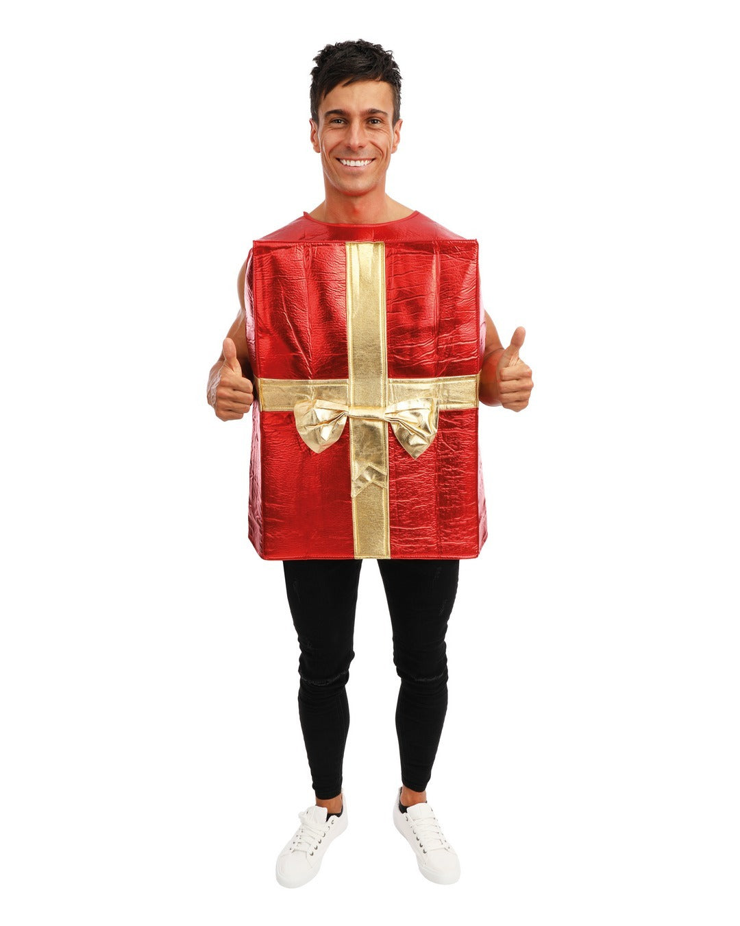 A man modeling a red and gold gift box costume tunic, giving a thumbs up.
