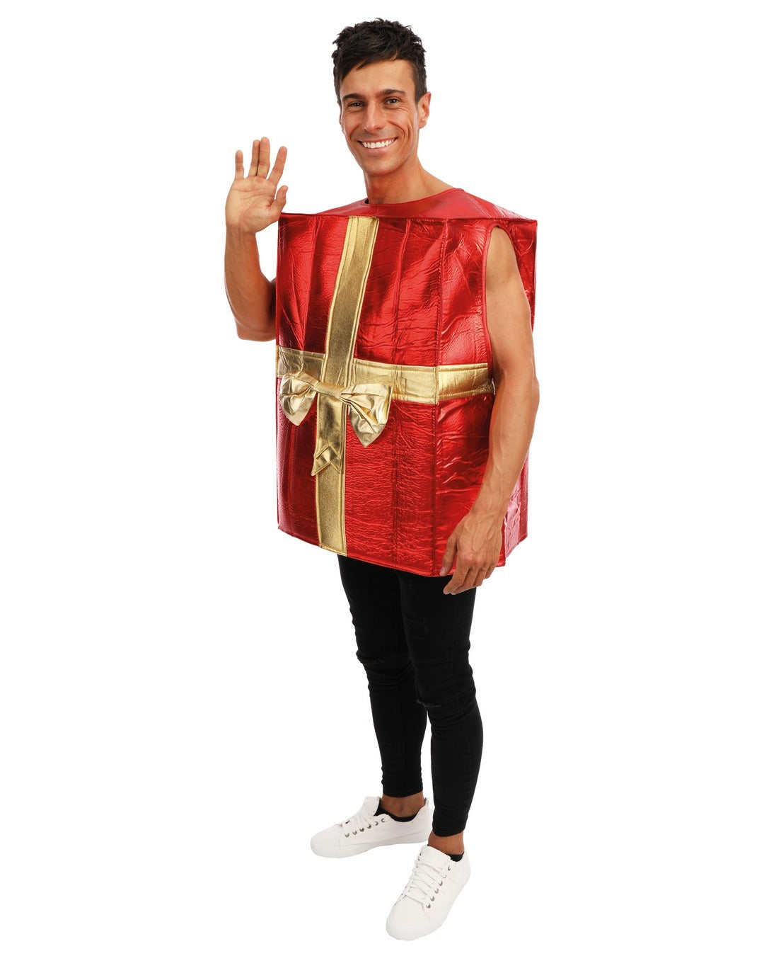 A man wearing the shiny red and gold present box tunic, waving.