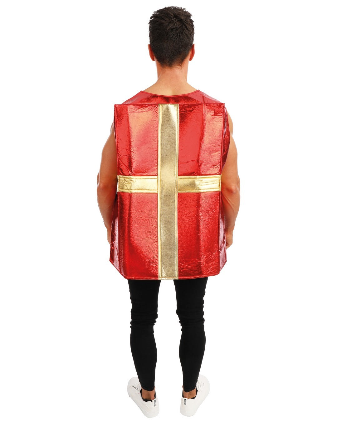 Back view of the adult Christmas gift costume tunic, showing the gold ribbon across the back.