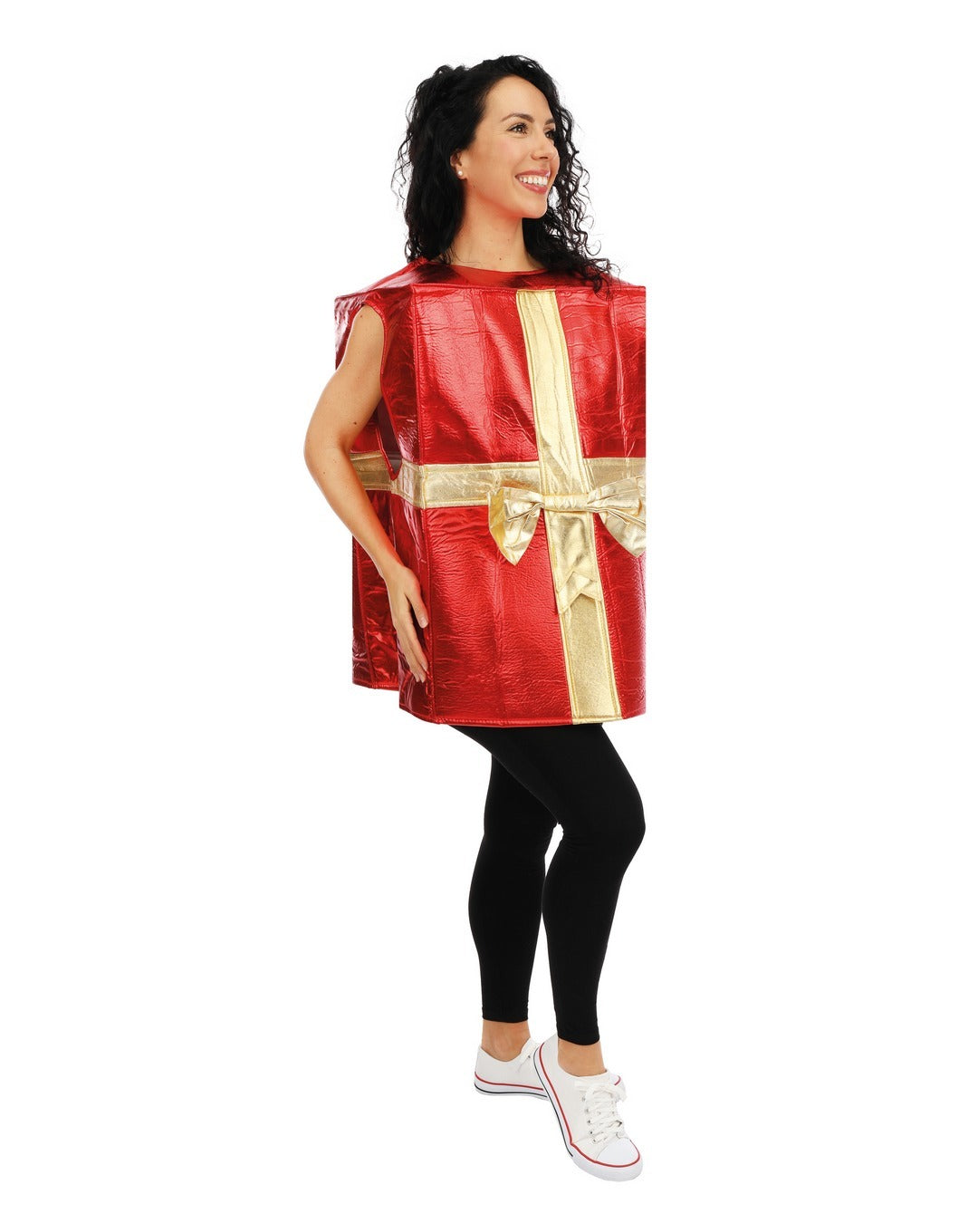 A woman wearing the shiny red and gold present box tunic.