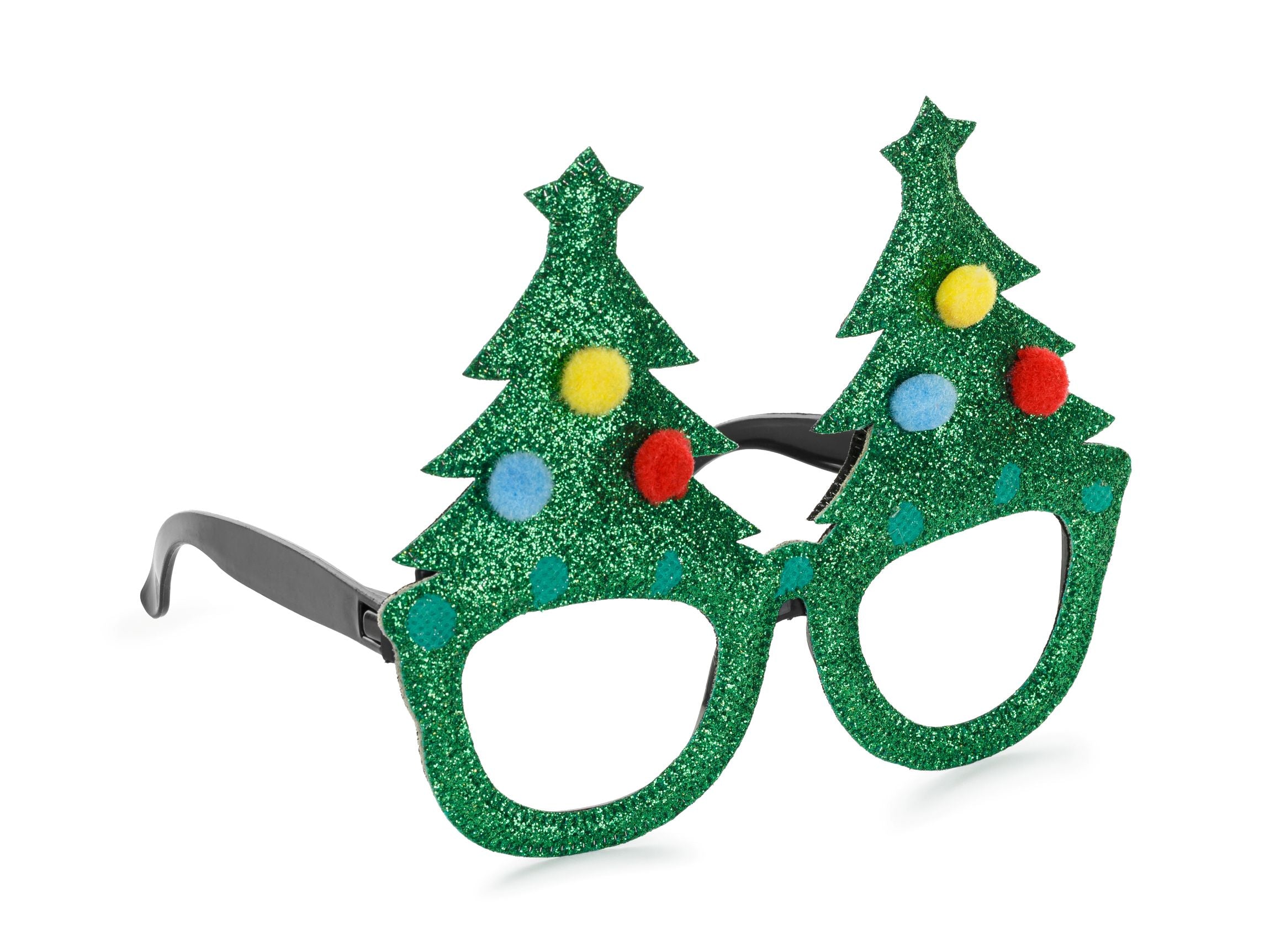 A pair of green glitter novelty glasses with the frames shaped like decorated Christmas trees.