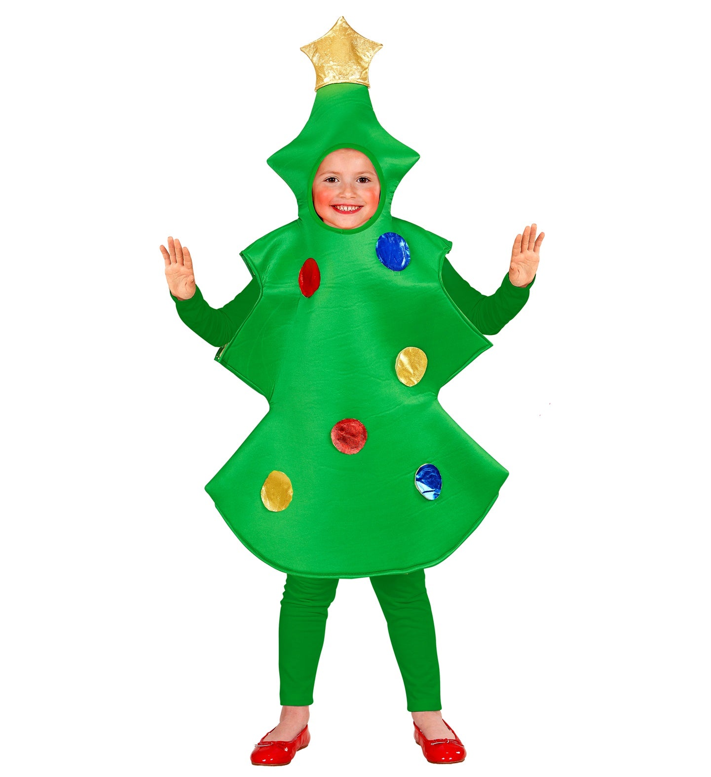 A young child smiling in a green Christmas tree costume decorated with large colourful baubles and topped with a gold star headpiece.