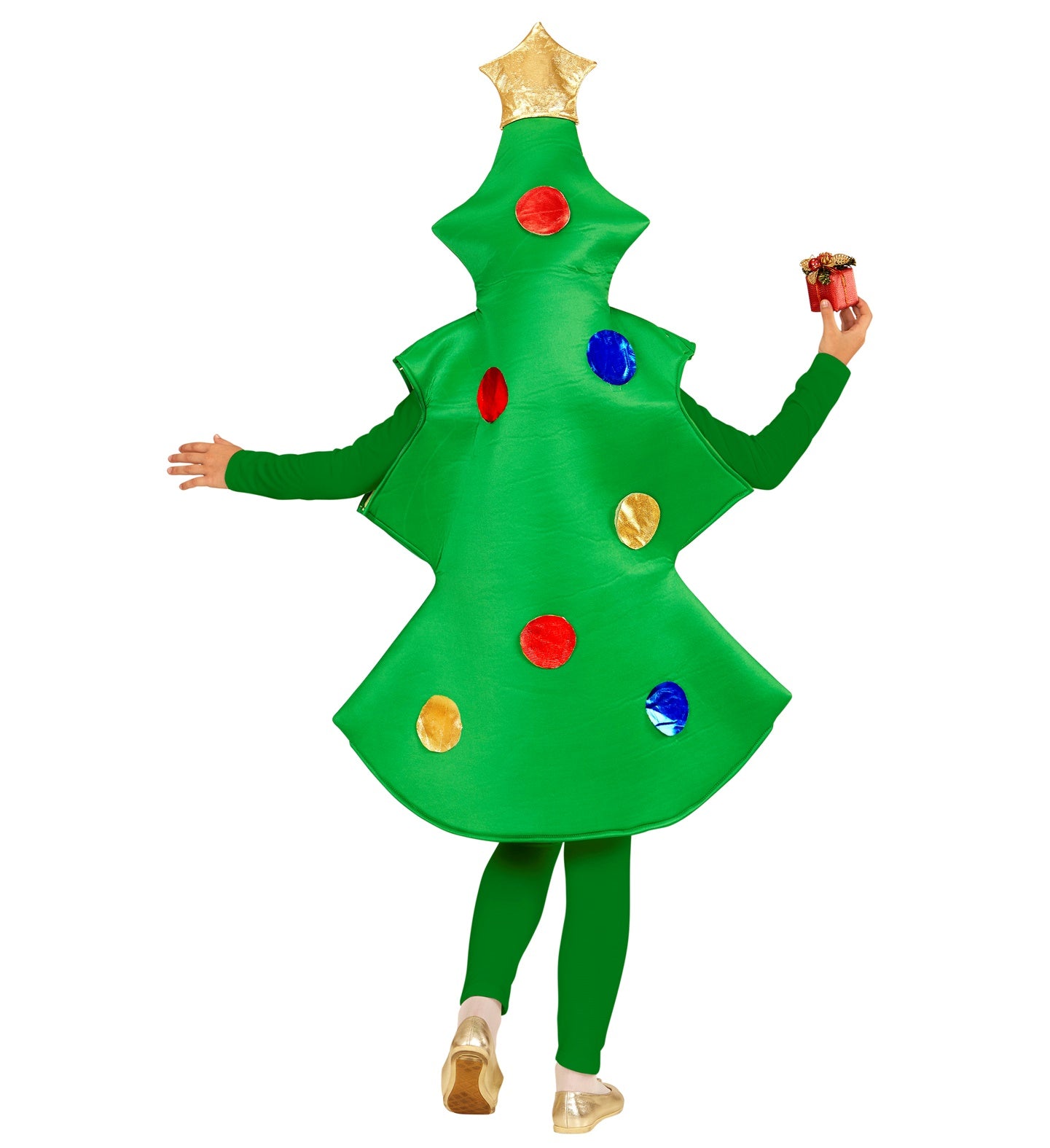 The back view of the child's Christmas tree costume, showing the decorated back and gold star topper.