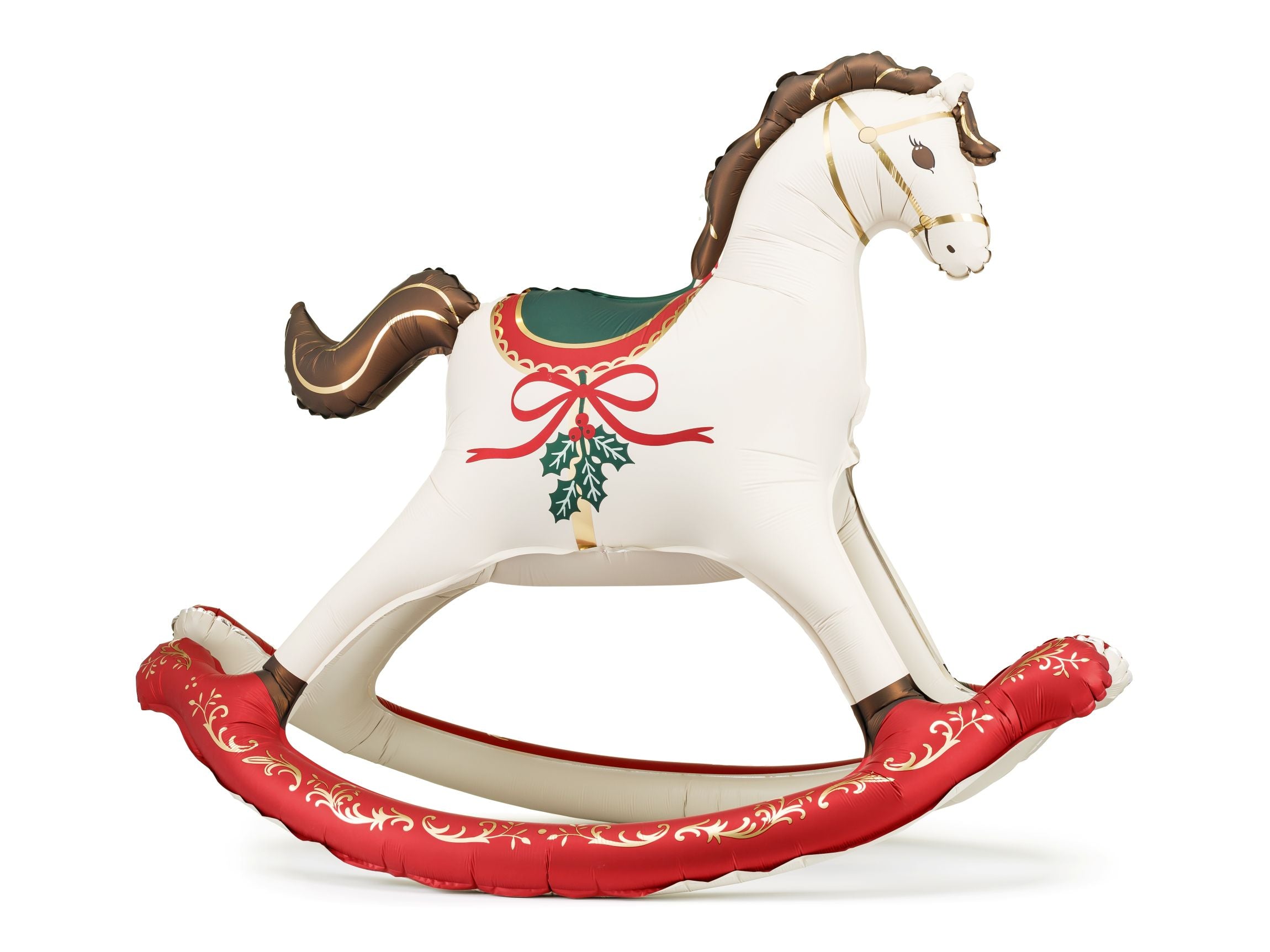 A large inflatable Christmas rocking horse foil balloon with red, green, and gold vintage-style decorations.