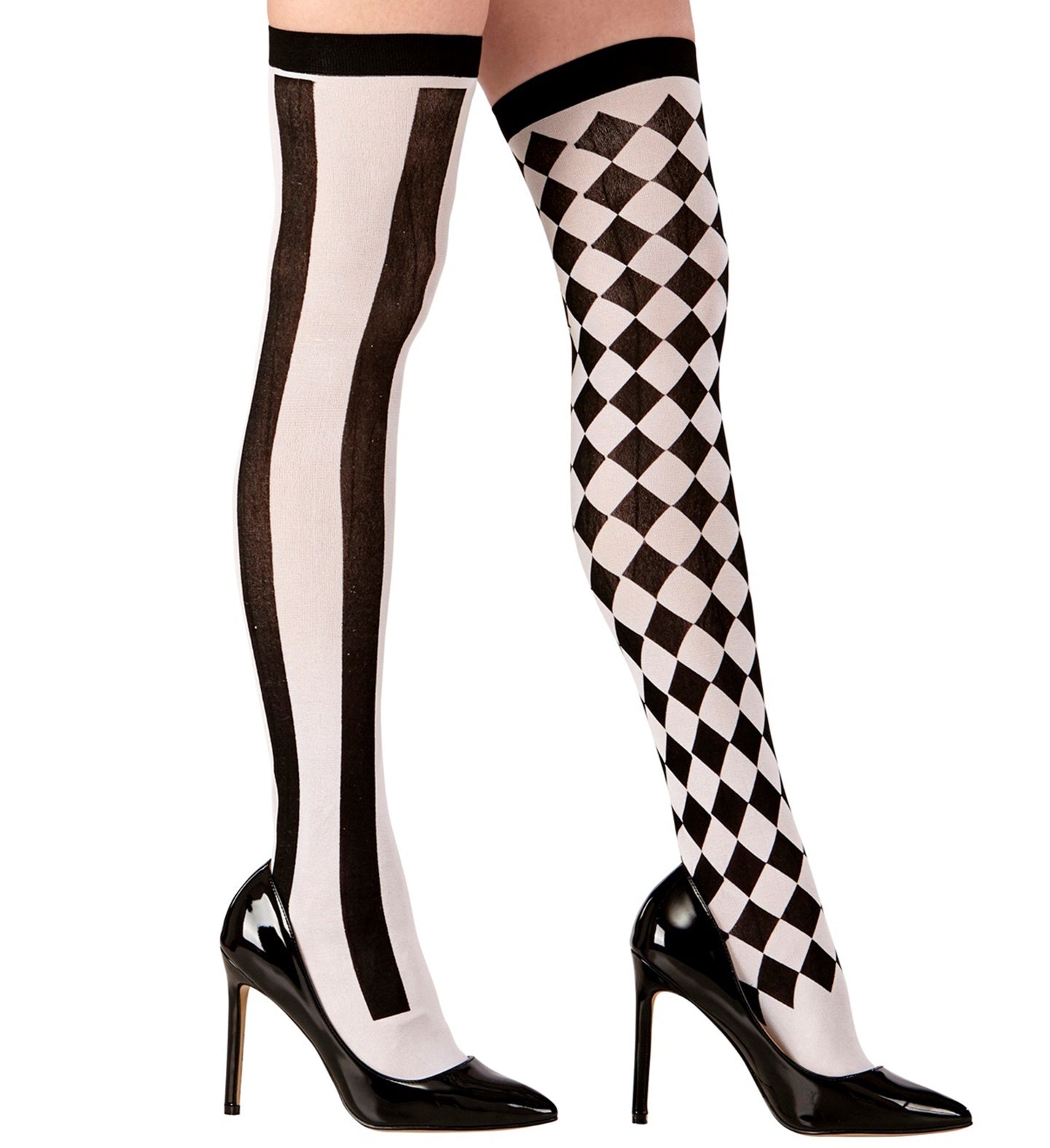 Side view of the harlequin stockings worn with black patent high heels, showcasing the high-contrast monochrome patterns.