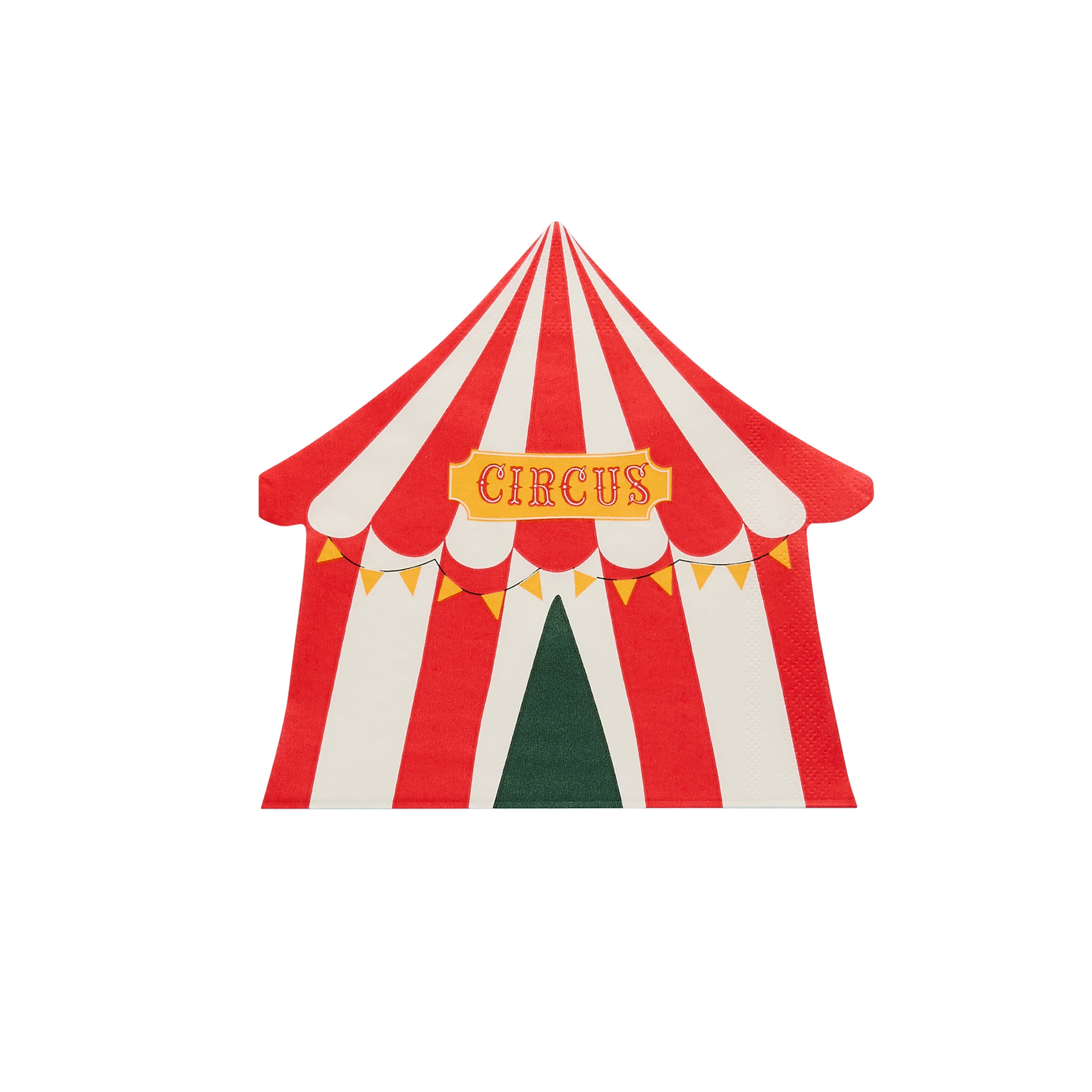 A circus tent shaped paper napkin with red and white stripes, yellow bunting, and a central banner that says "Circus".
