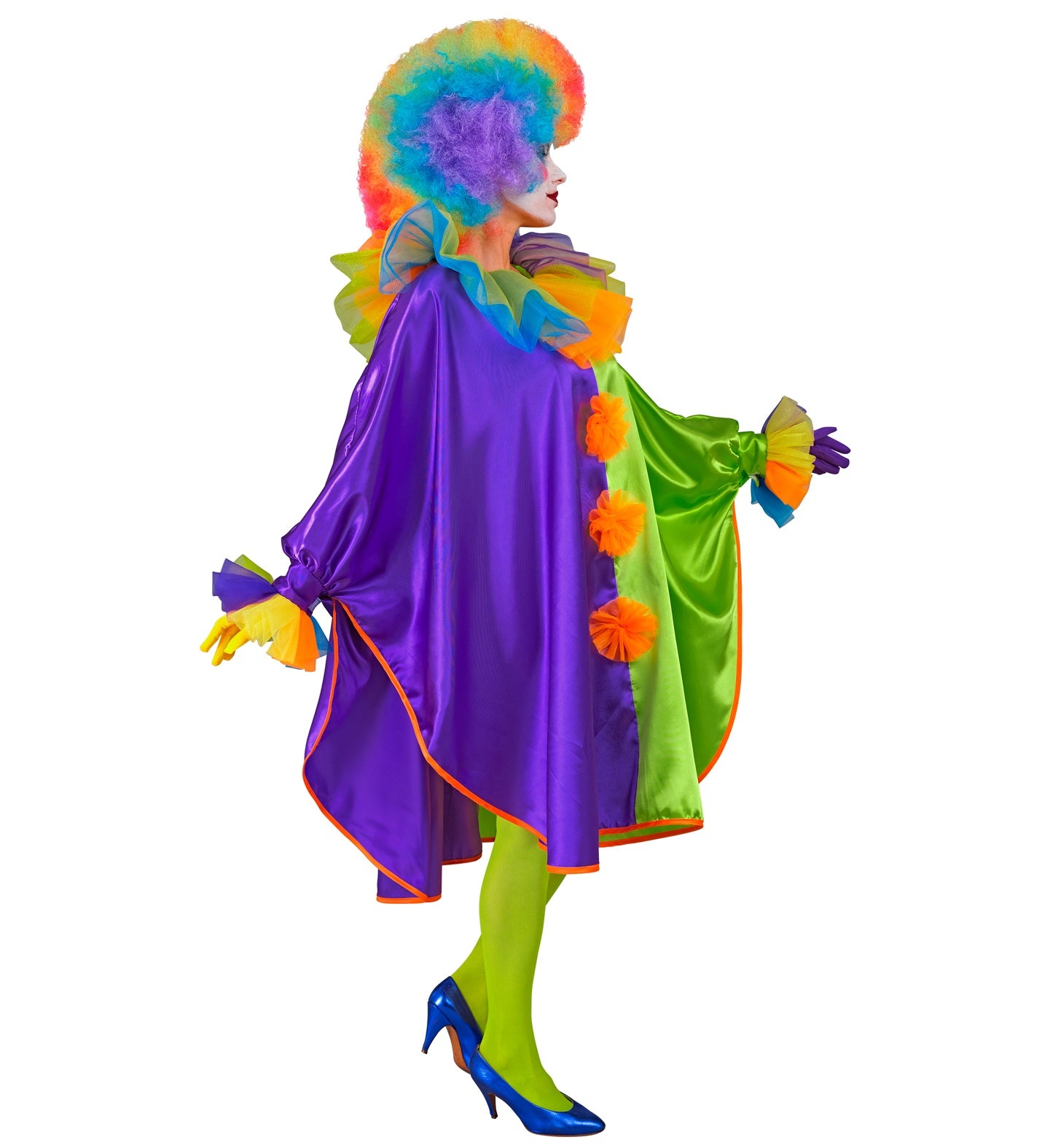 Side view of a woman in a clown poncho and rainbow afro wig, showing the flowy, comfortable fit of the costume.