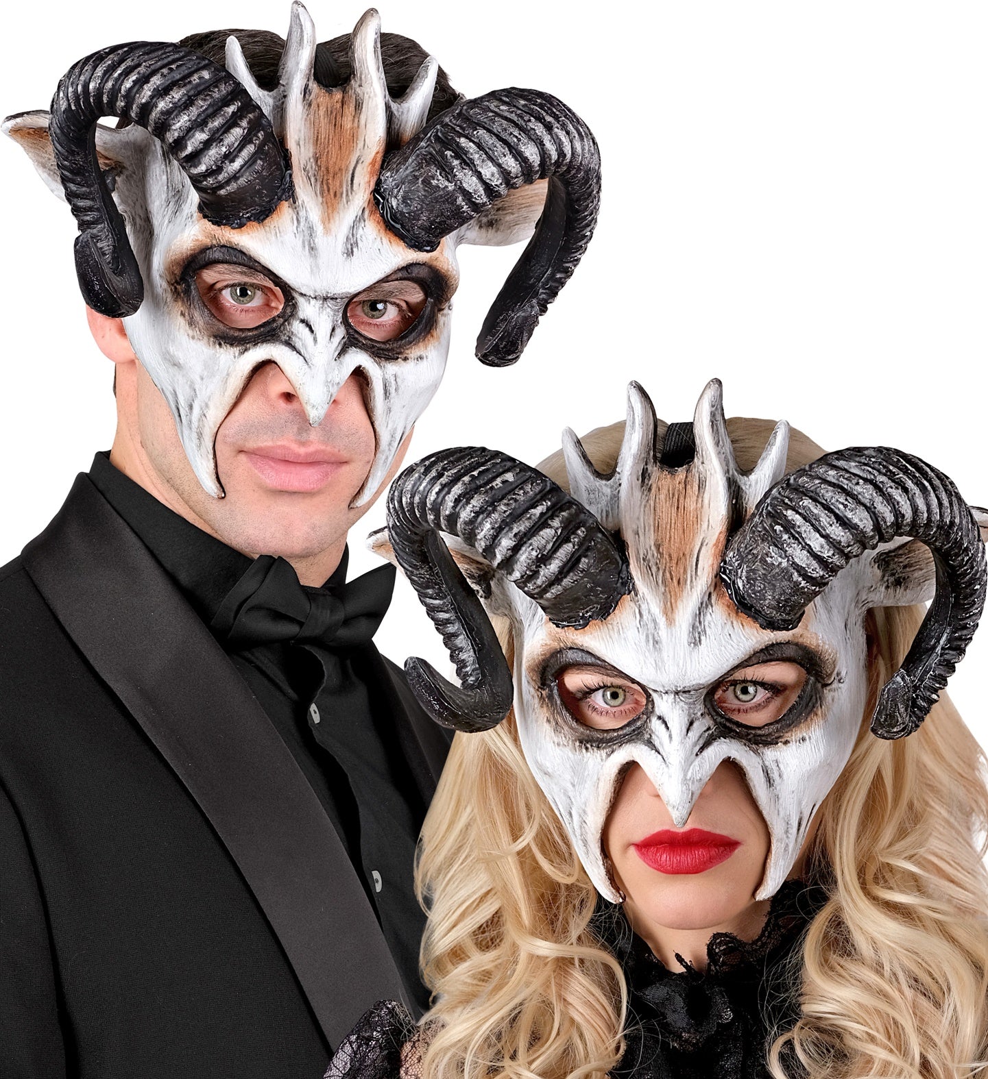 A man and a woman modeling the horned demon half-mask, suitable for a sophisticated couples' masquerade costume.