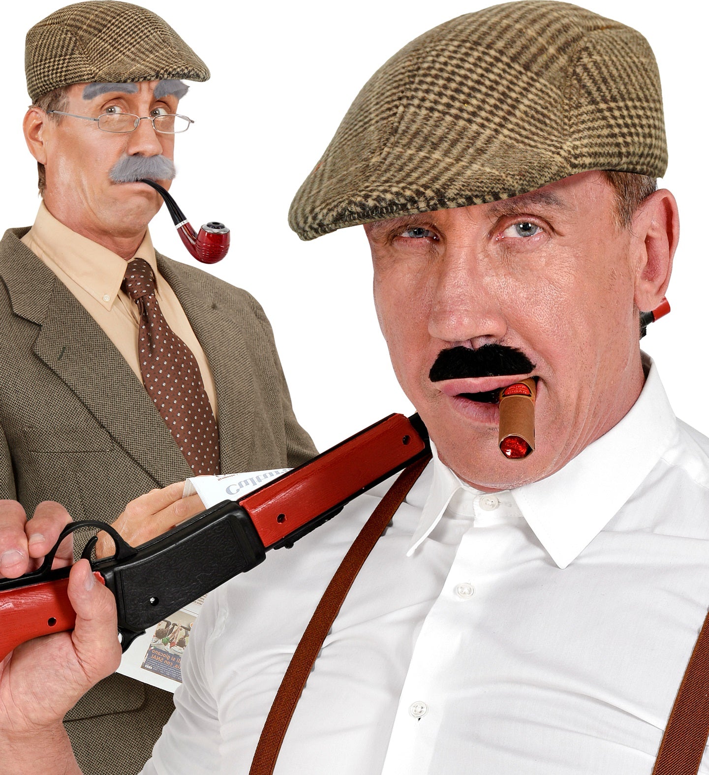 Two men modeling a brown houndstooth flat cap, one dressed as a 1920s gangster and the other as an old man with a pipe.
