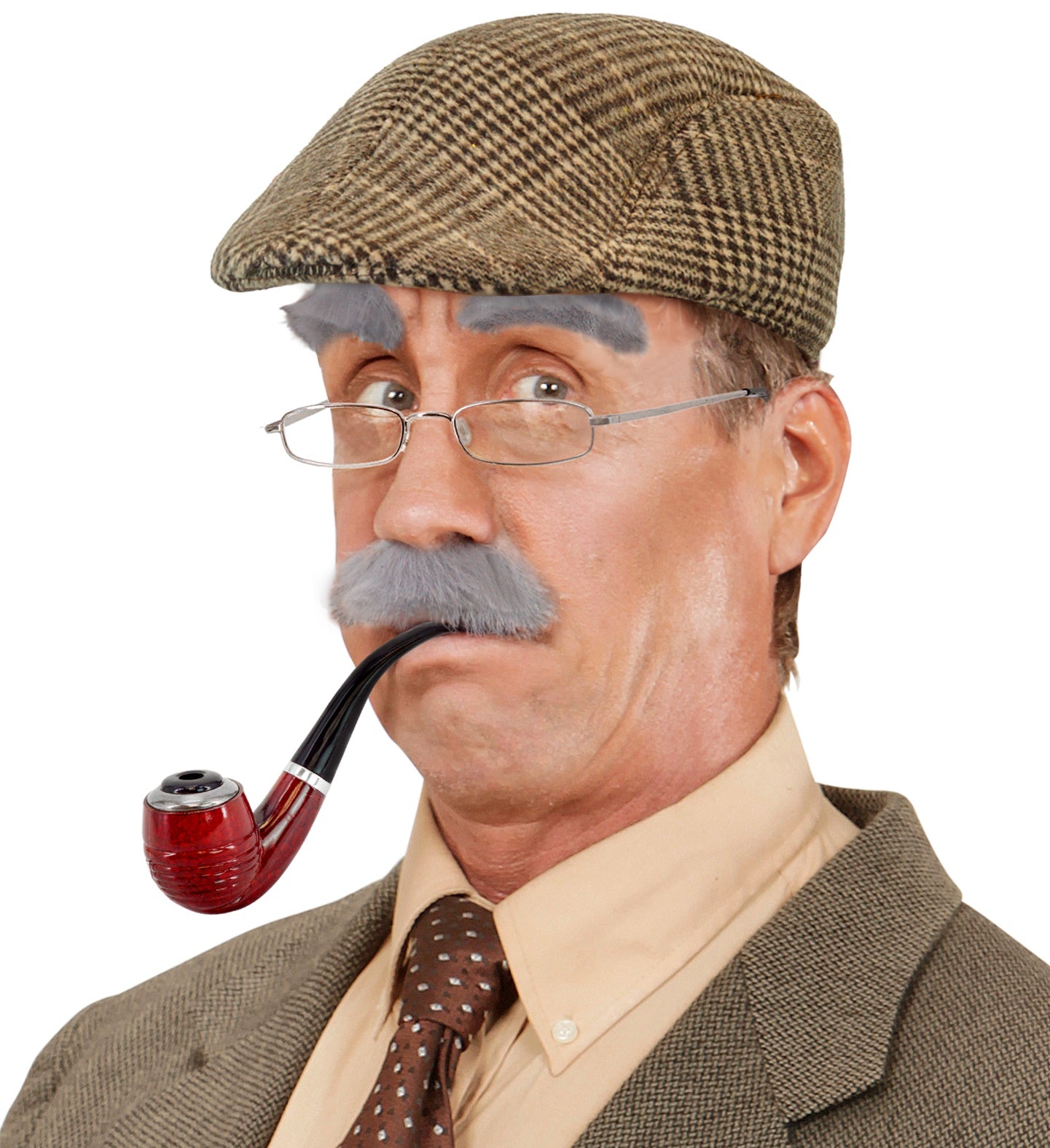 A man wearing a brown houndstooth flat cap as part of an 'old man' costume, complete with fake grey moustache and eyebrows, and a pipe.