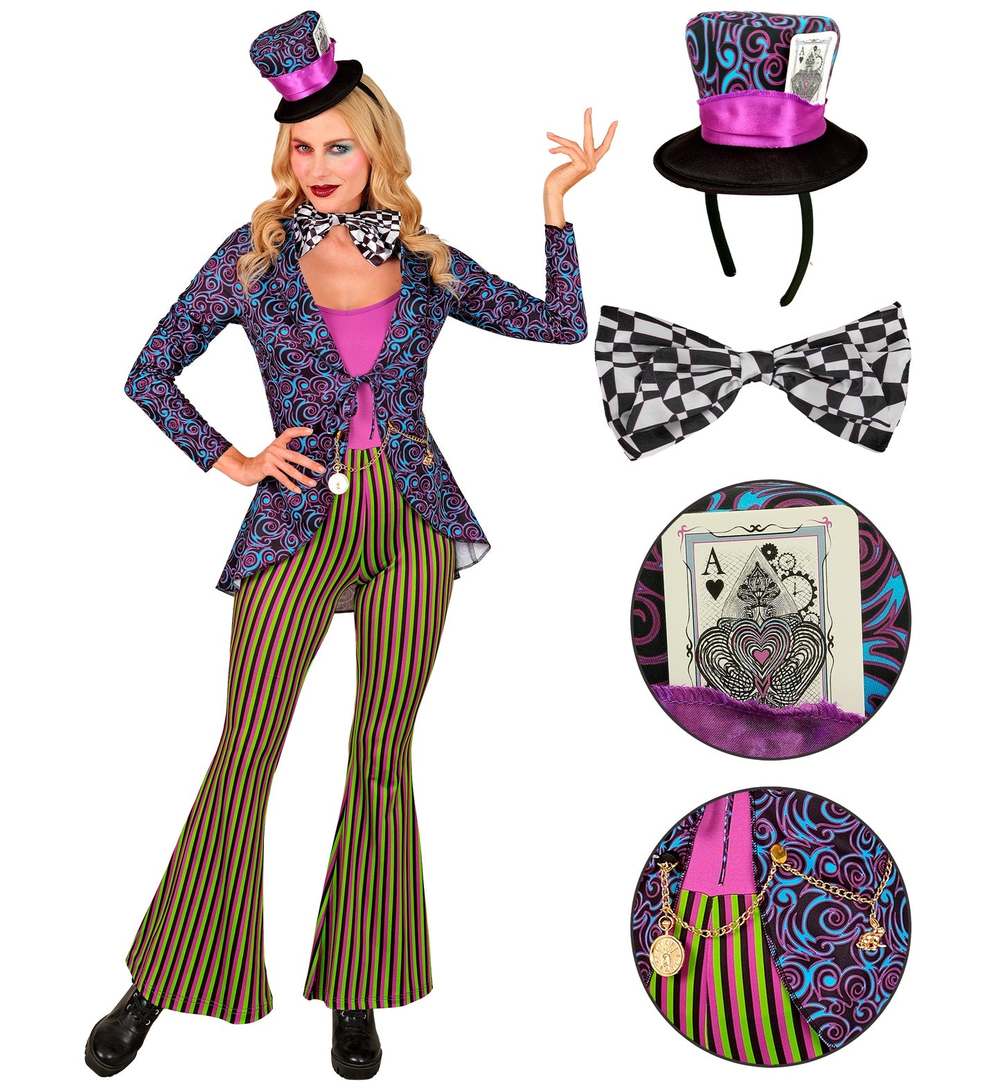A breakdown of the Crazy Hatter Lady costume accessories, showing the full outfit alongside close-ups of the mini top hat on a headband, the checkered bow tie, the playing card hat detail, and the gold pocket watch chain.