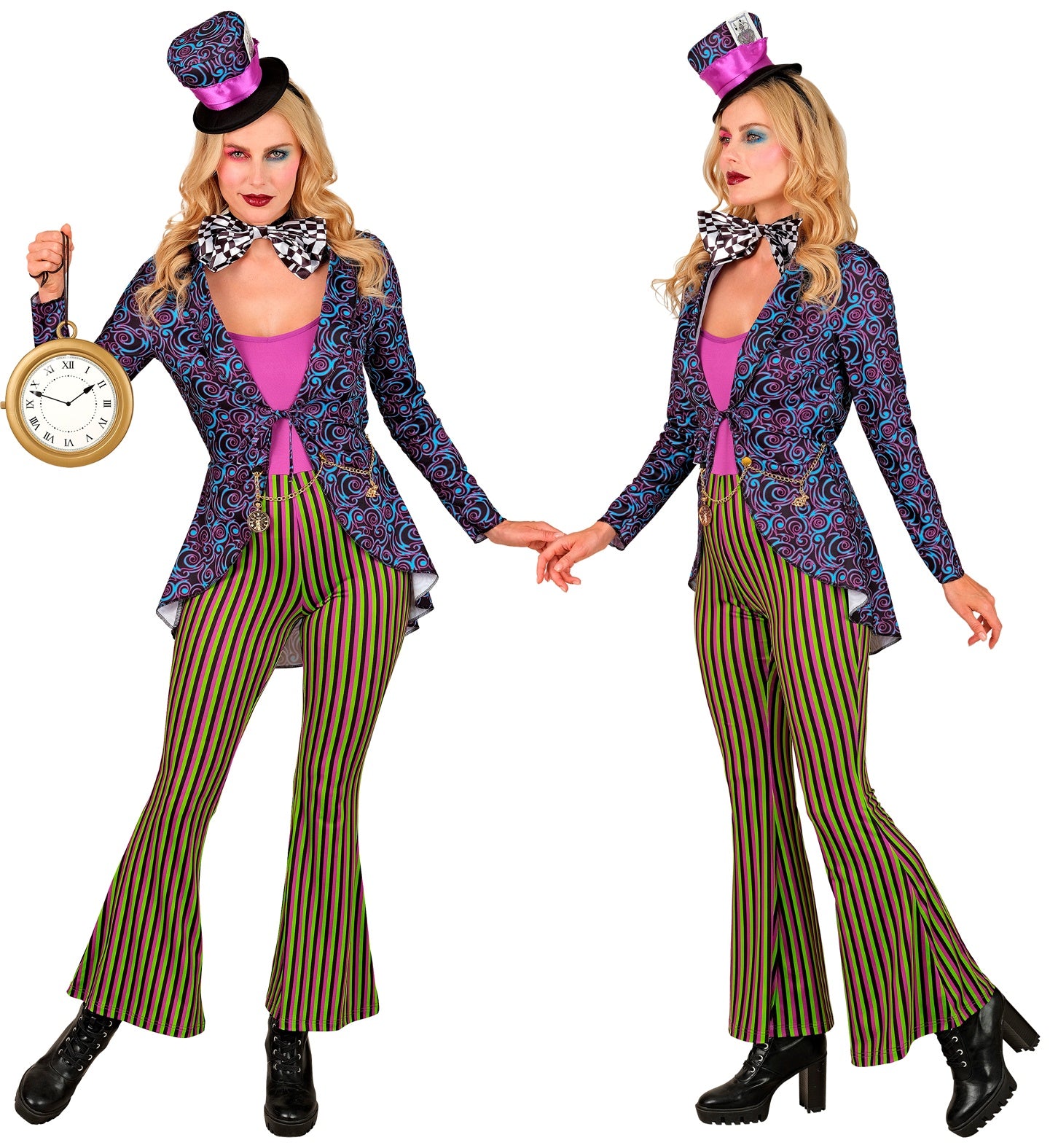Two angles of a blonde model wearing a vibrant Crazy Hatter Lady costume, showing the front fit of the green and purple striped flared jumpsuit and the sideview of the purple swirly tailcoat jacket.