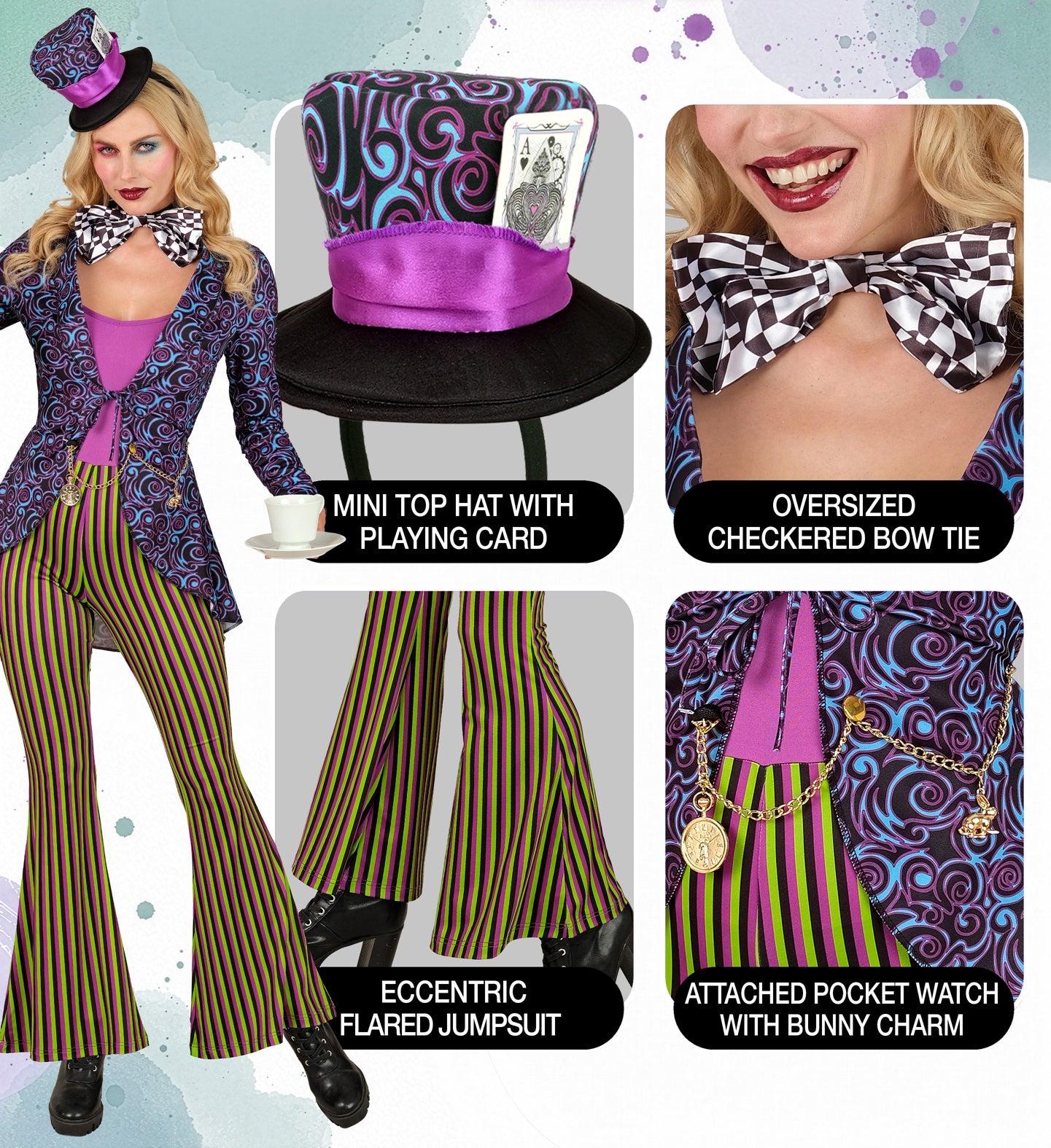 A multi-panel detail shot of a women's Mad Hatter fancy dress costume, highlighting the mini top hat with a playing card, the oversized checkered bow tie, the eccentric striped flared trousers, and the attached gold pocket watch chain with a bunny charm.