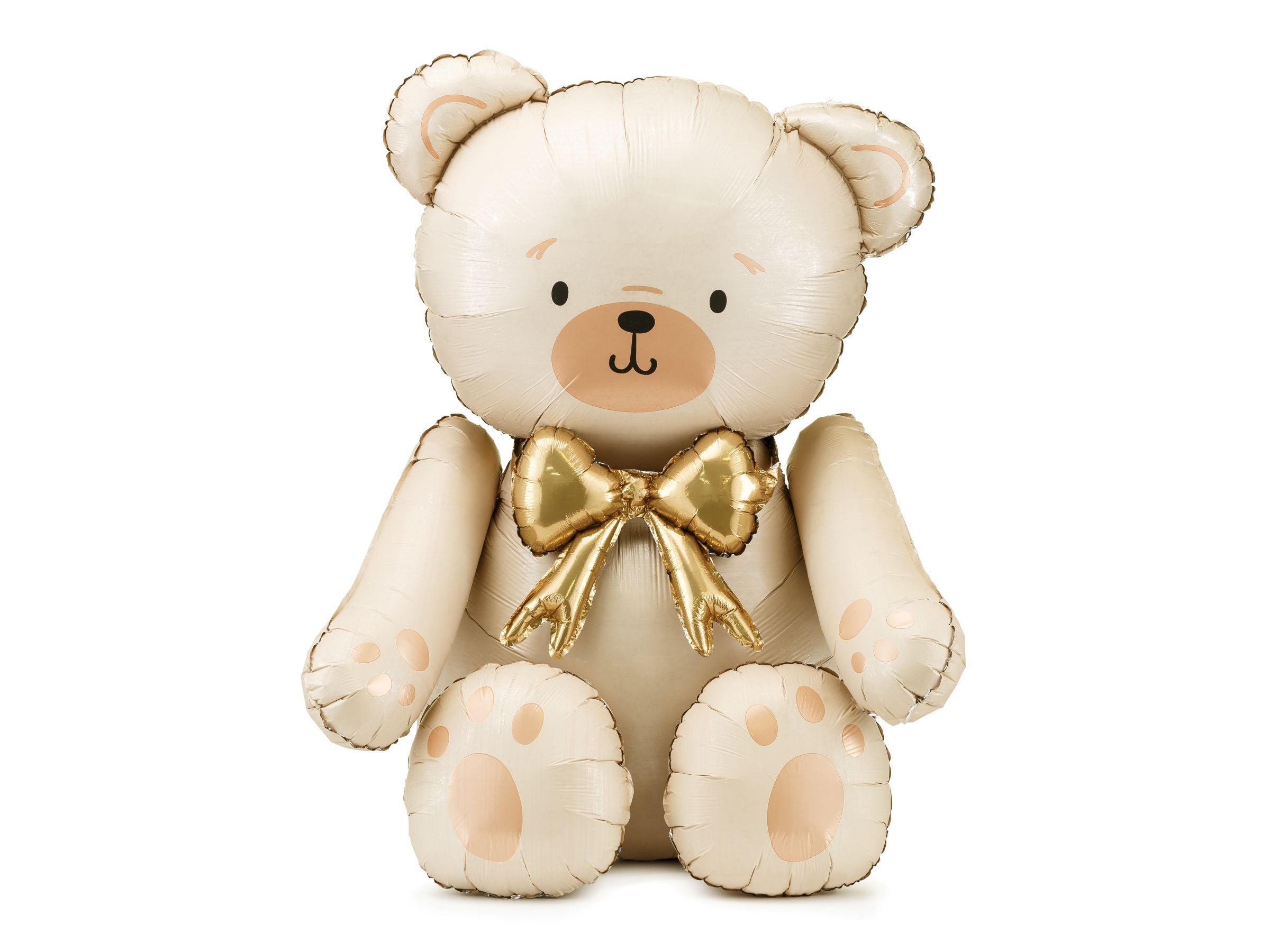 A large, cream-colored foil balloon shaped like a teddy bear, sitting upright with a shiny metallic gold bow tie, isolated on a white background.