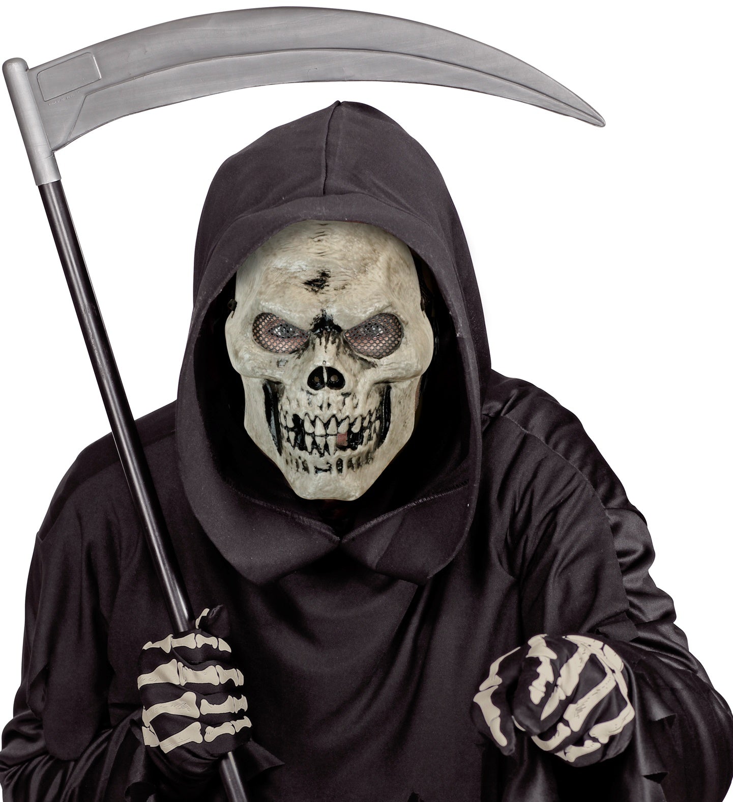 A hard plastic creepy skull mask with a weathered bone finish, a missing tooth, and black mesh over the eye sockets.