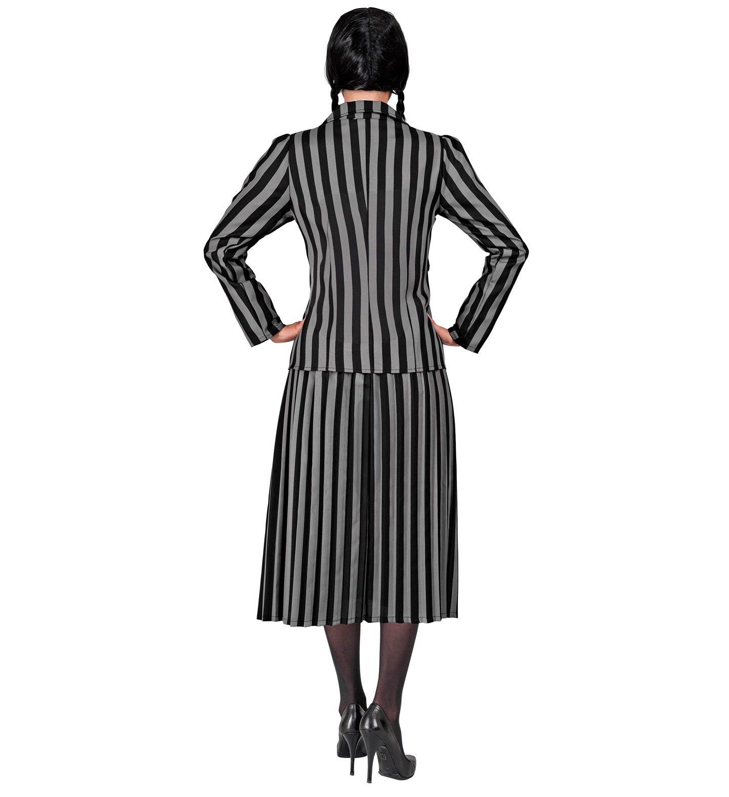 Back view of a woman wearing the striped gothic schoolgirl uniform, displaying the continuous pattern on the jacket and skirt.