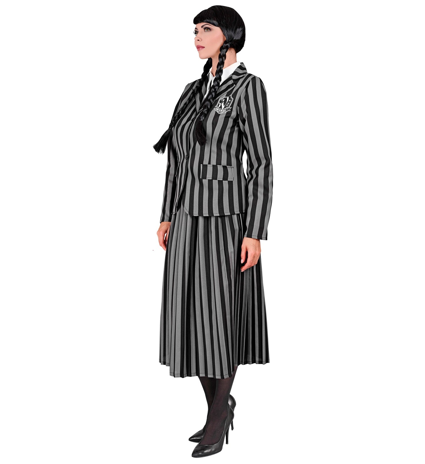 Side view of the women's dark academy schoolgirl costume, showing the fit of the striped jacket and pleated midi-skirt.