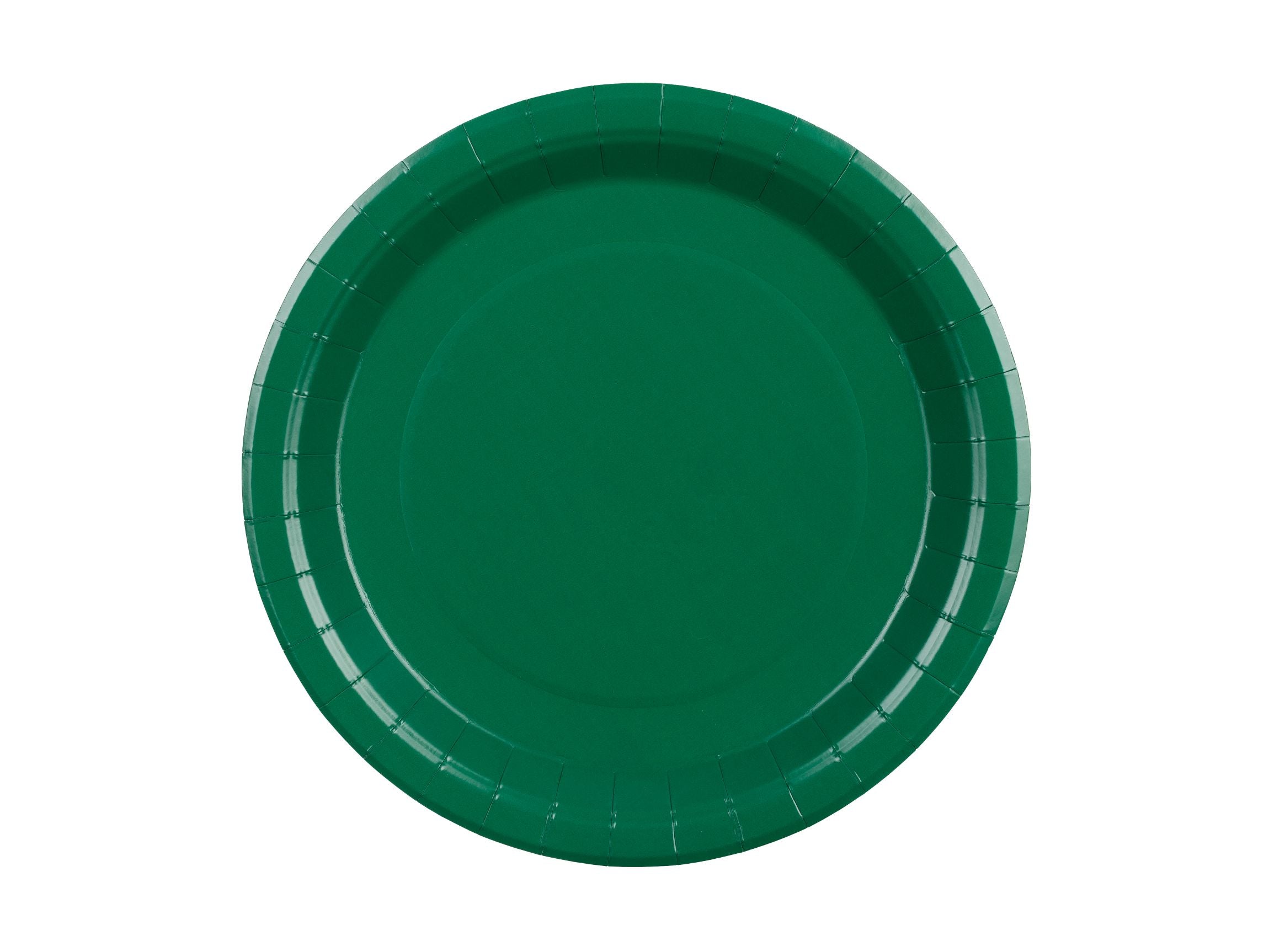 A single dark green disposable paper plate (approx. 23cm diameter).