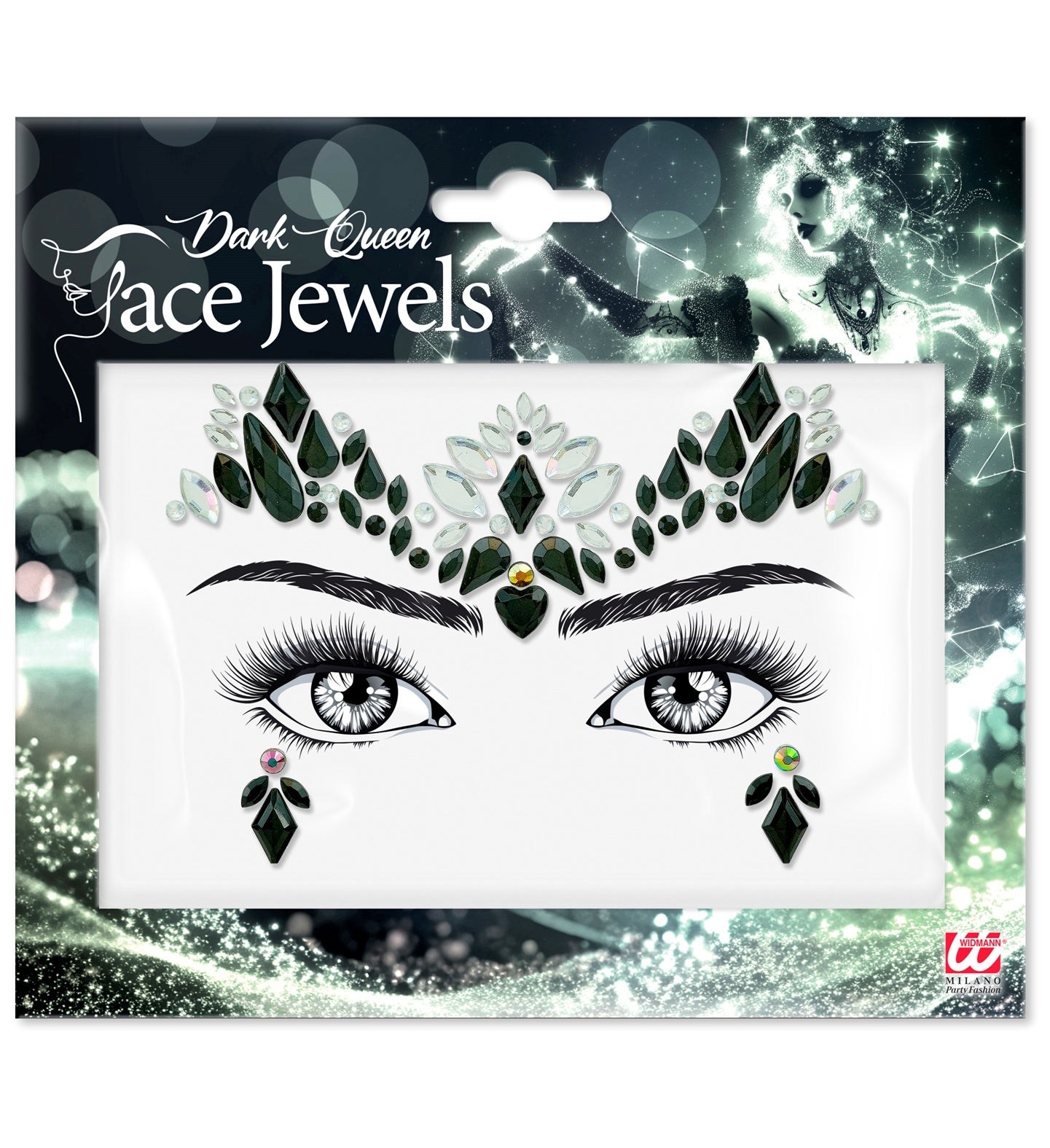 Dark Queen face jewels packaging with decorative design on a sparkling background