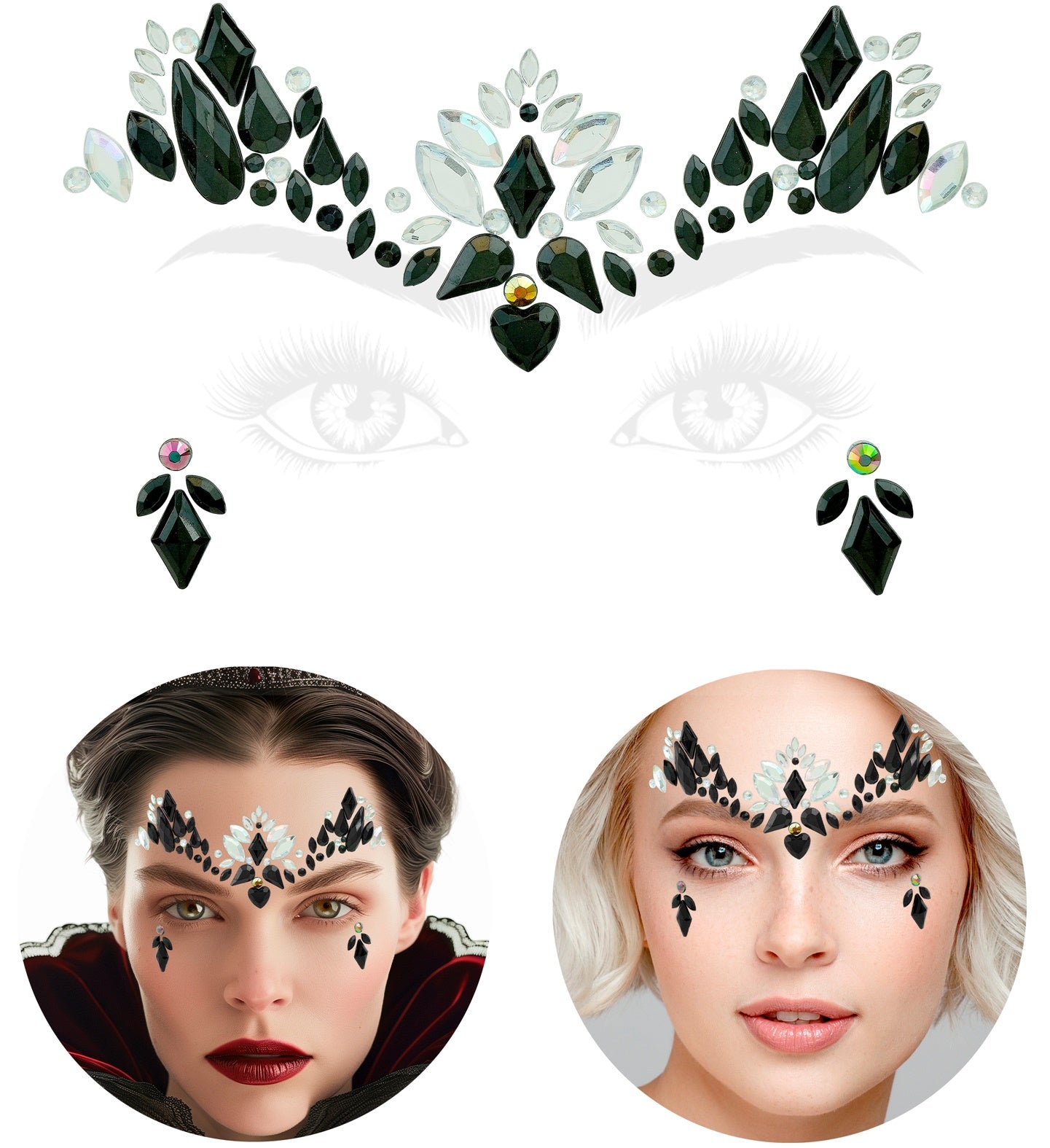 The complete Dark Queen Face Jewels self-adhesive set showing the forehead crown and eye accent pieces in original packaging.