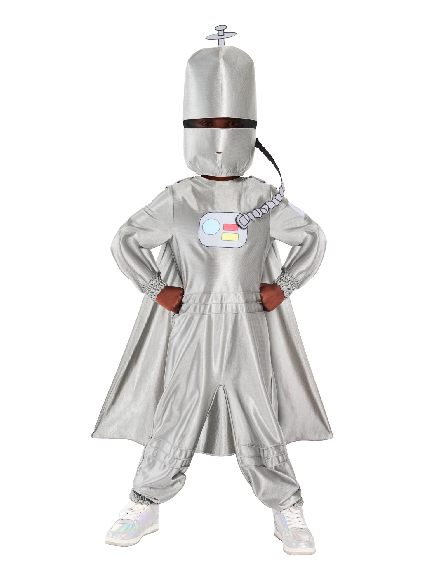 Front view of the official David Walliams Spaceboy costume featuring a silver jumpsuit and cape.