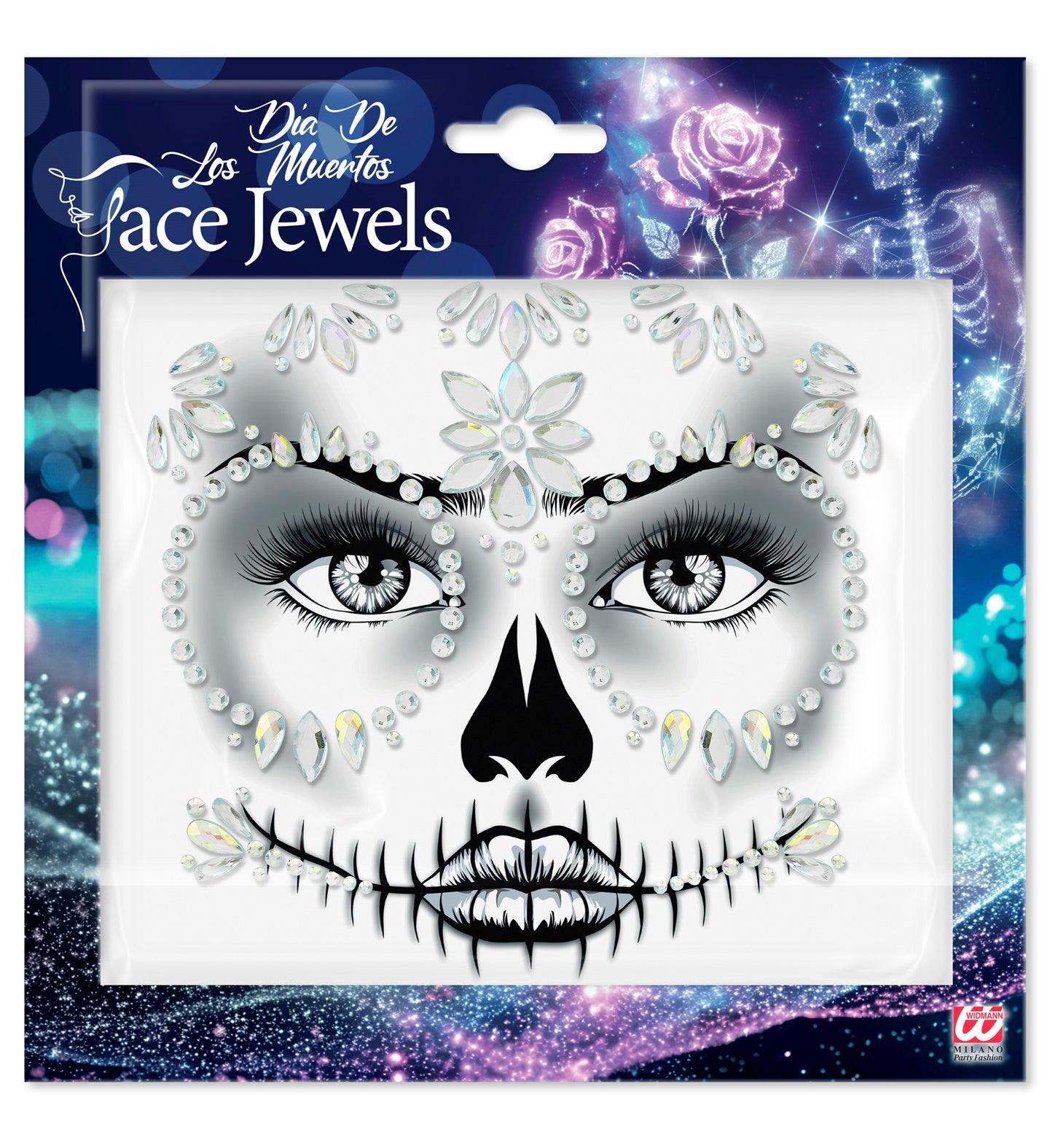 Package of Day of the dead Diamond face jewels with skeleton design on a colorful background