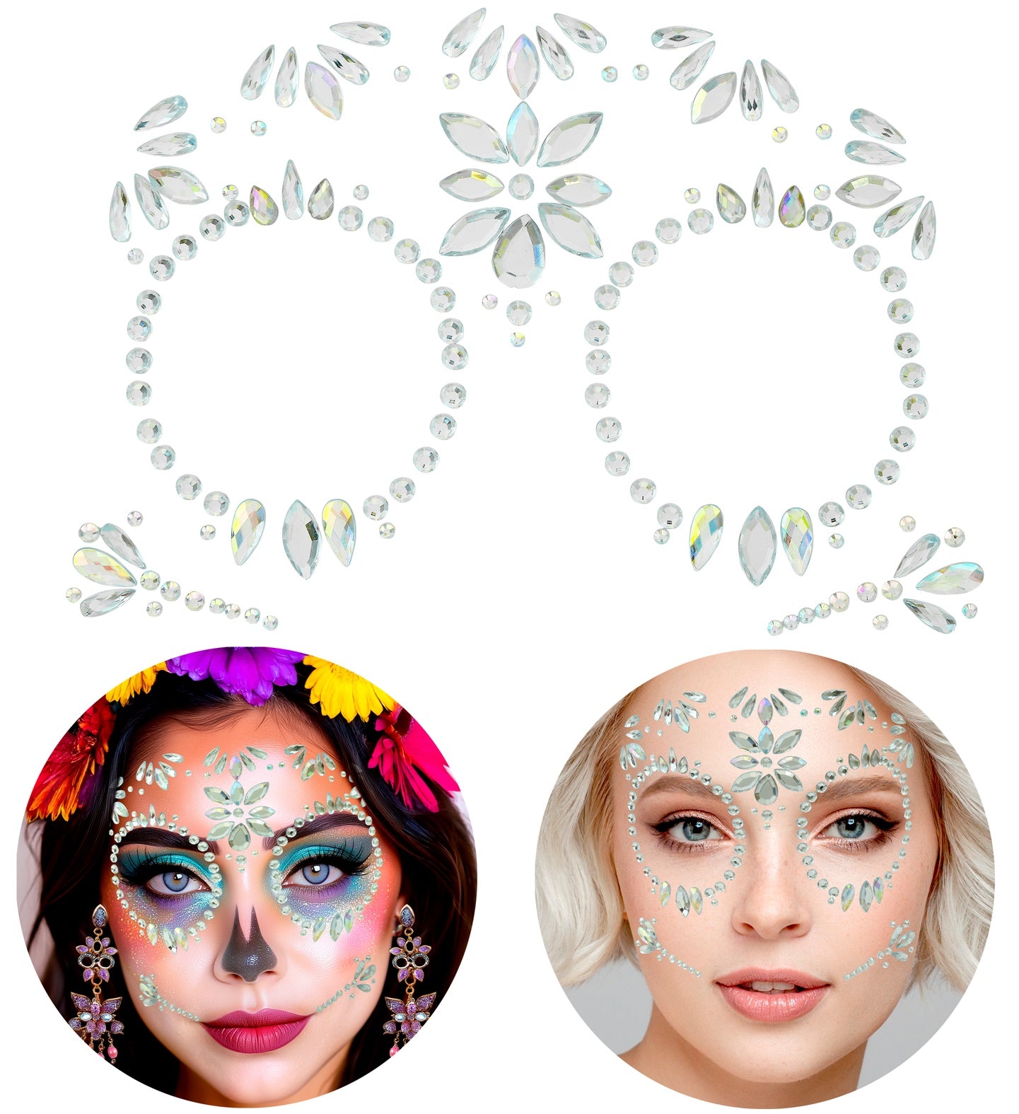 The complete Day of the Dead Diamond Face Jewels self-adhesive set showing the forehead crown and eye frames in original packaging.