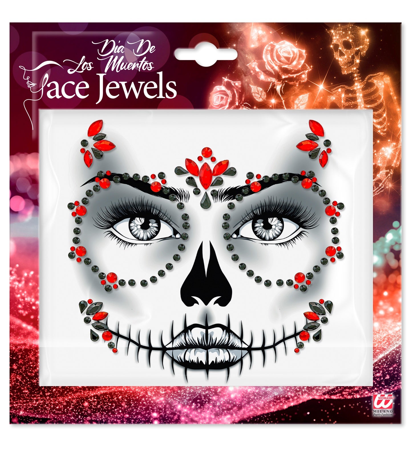 Package of Day of dead face jewels in red and black face jewels with a skeleton face design on a colorful background