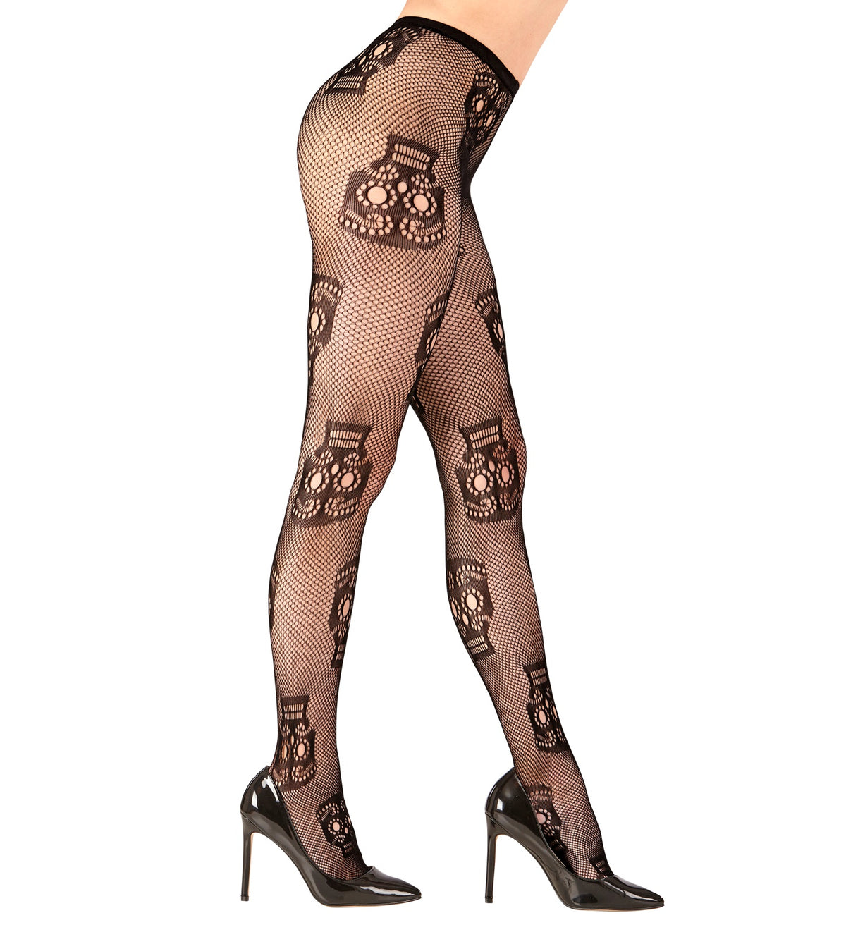 A side view of a woman's legs modelling the Day of the Dead sheer tights featuring a black sugar skull pattern.