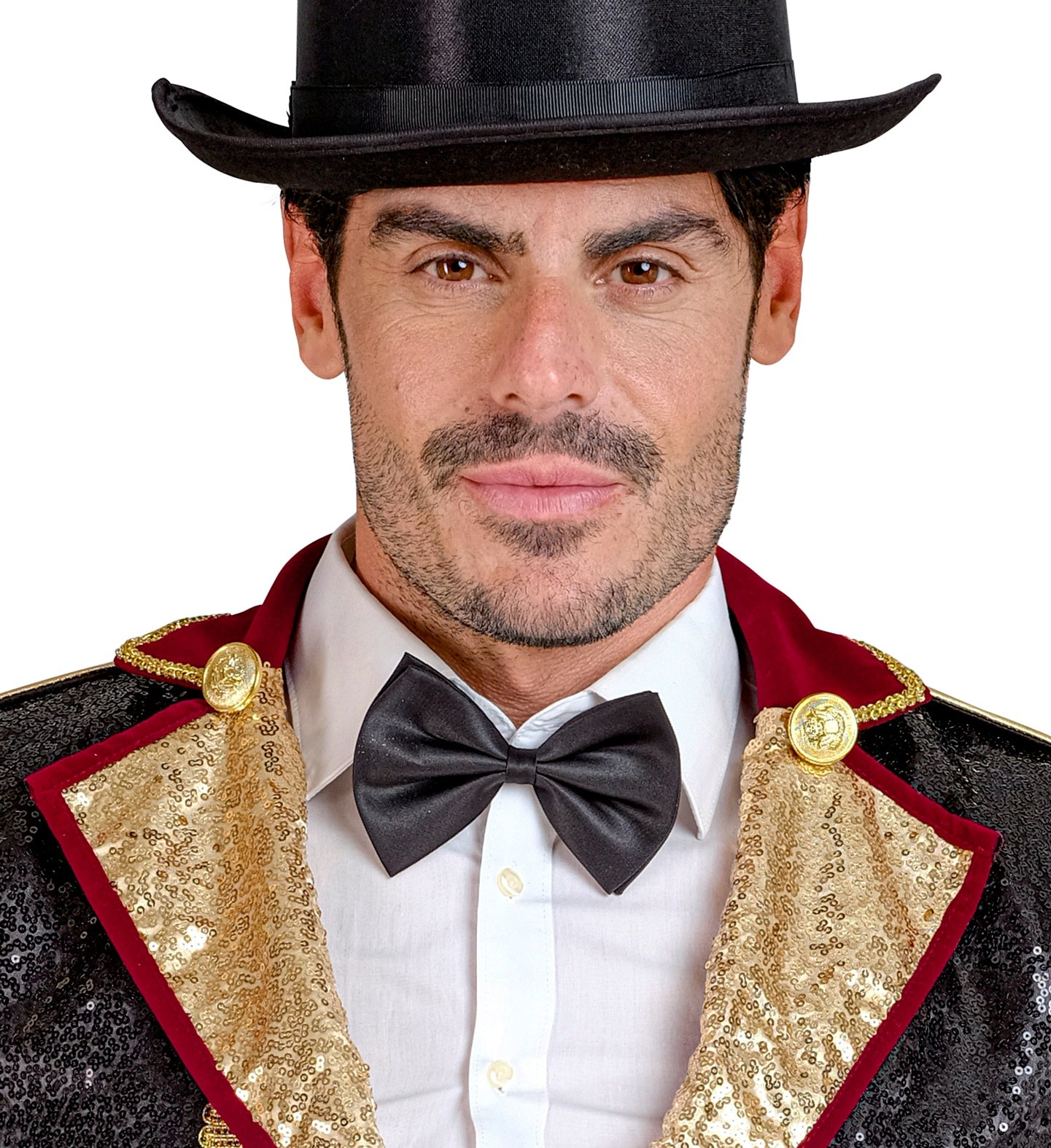 Man wearing a black top hat, gold-trimmed coat with red collar, and black bow tie on a white background