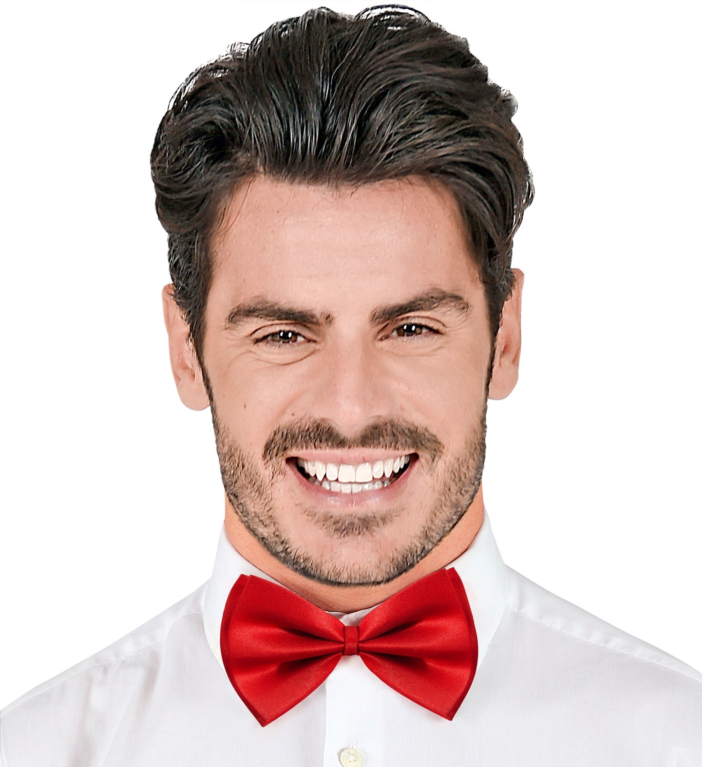 Man wearing a white shirt with a red bow tie on a white background