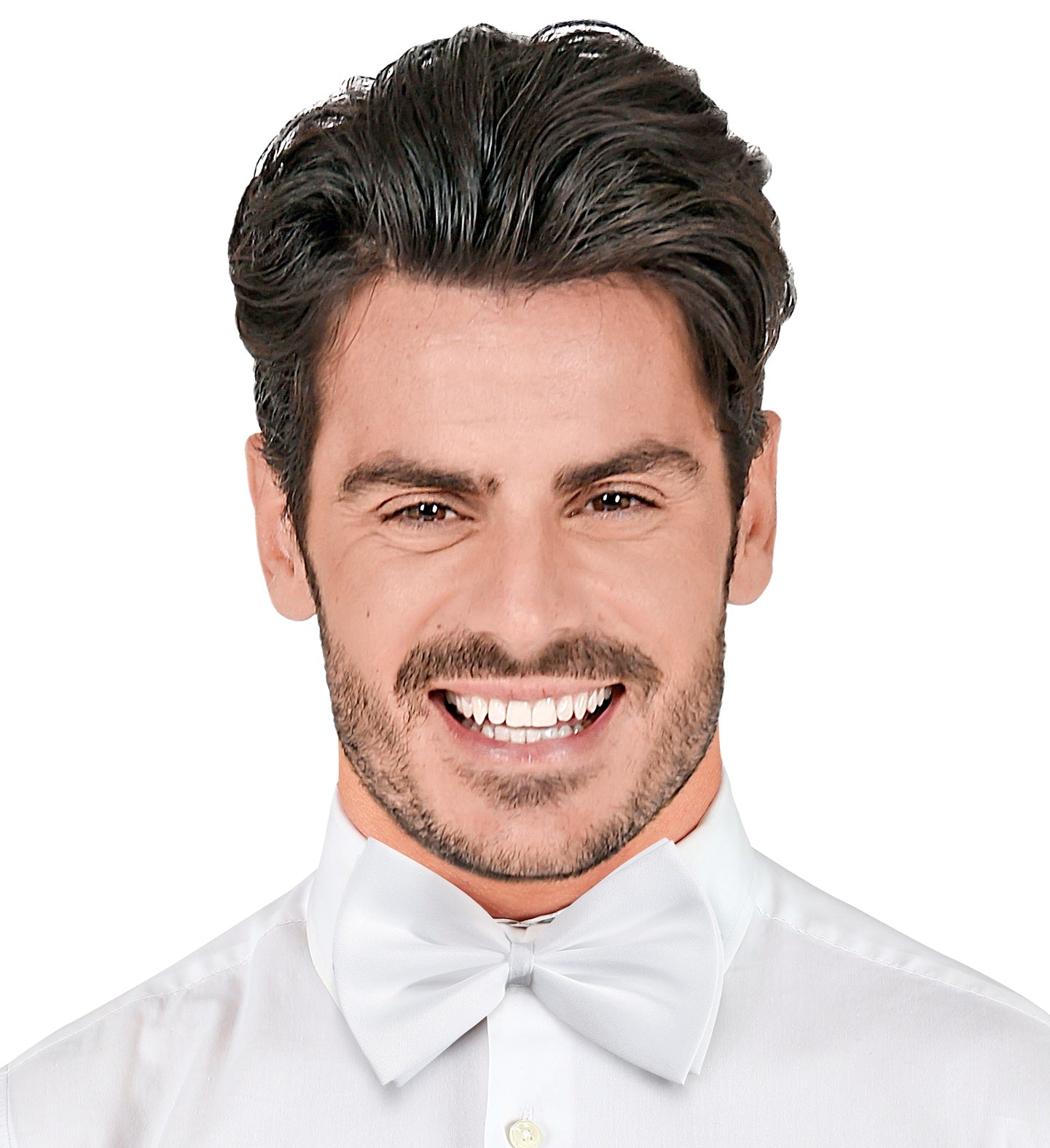 Man wearing a white shirt and bow tie against a white background