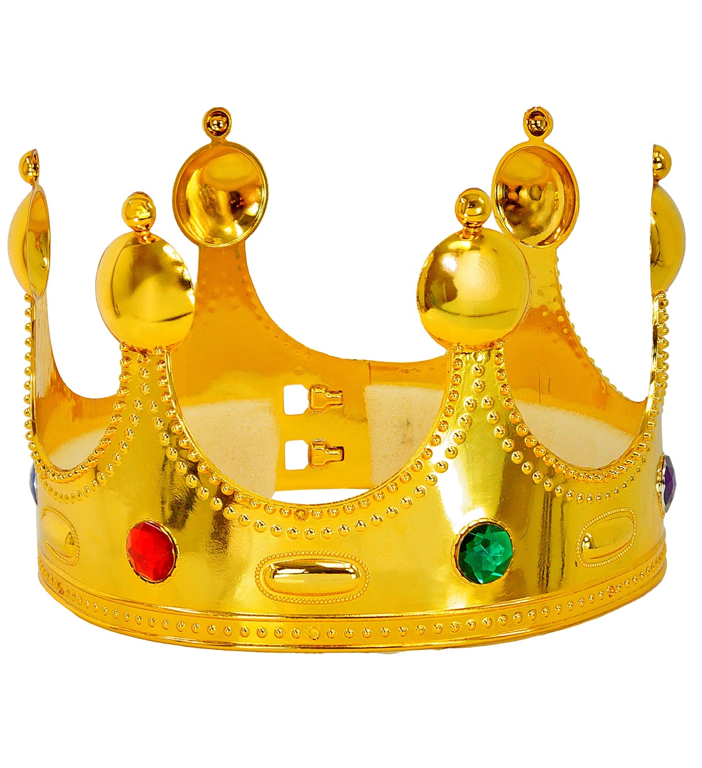 A close-up of a plastic gold royal crown with large red, blue, and green faux jewels.