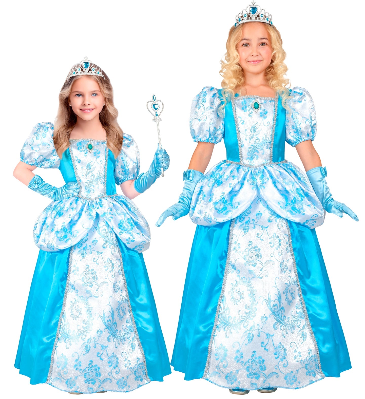 Two children wearing identical deluxe royal princess costumes in blue and white. Both are adorned with tiaras, and one on the left holds a heart-shaped wand, while both pose gracefully.
