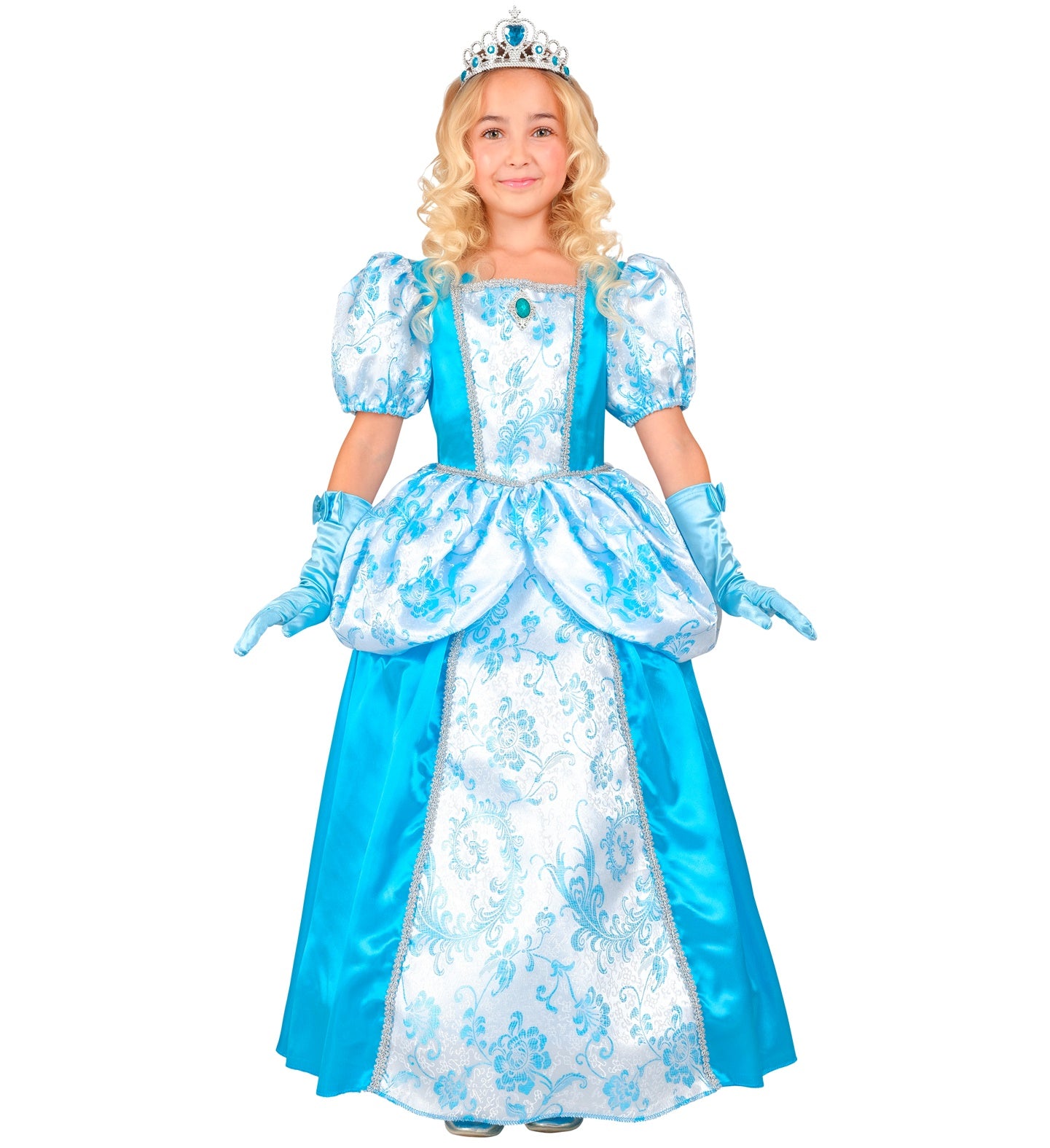 A child in a shimmering blue and white princess ball gown costume with puff sleeves and a tiara, standing front-on with hands down, smiling at the camera.