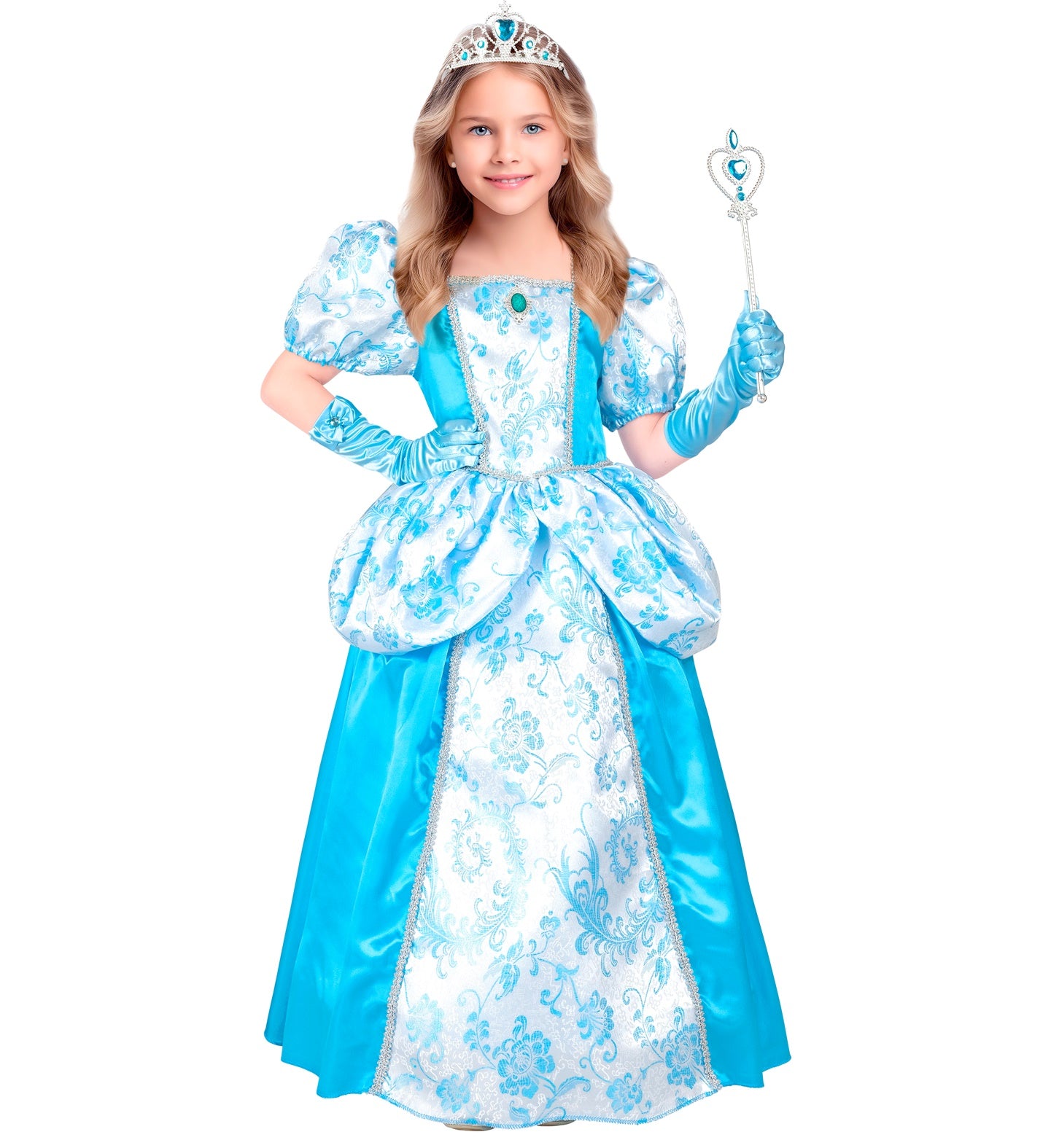 A child in a shimmering blue and white princess ball gown costume with puff sleeves and a tiara, holding a silver heart-shaped wand, smiling at the camera.