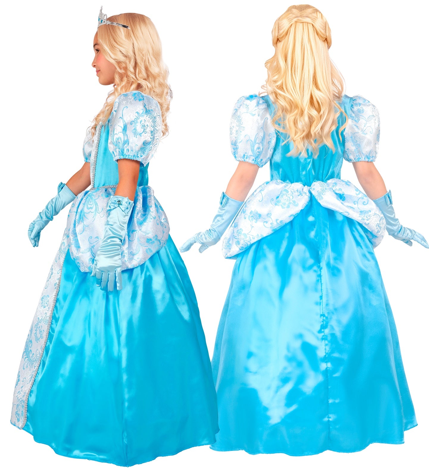 A split image showing a child in a deluxe royal princess costume from two angles: a side profile on the left and a back profile on the right. The blue gown features white patterned accents, puff sleeves, and is worn with light blue gloves and a tiara.