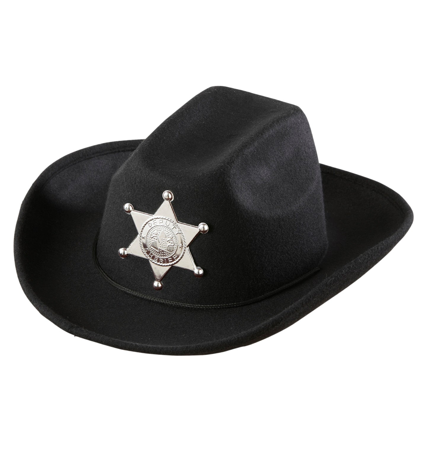 A black children's cowboy hat with a silver sheriff's star badge prominently displayed on the front, isolated on a white background.