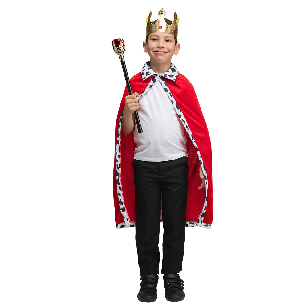 A child models a deluxe red velvet king's robe with Dalmatian-print trim, holding a sceptre and wearing a gold crown.