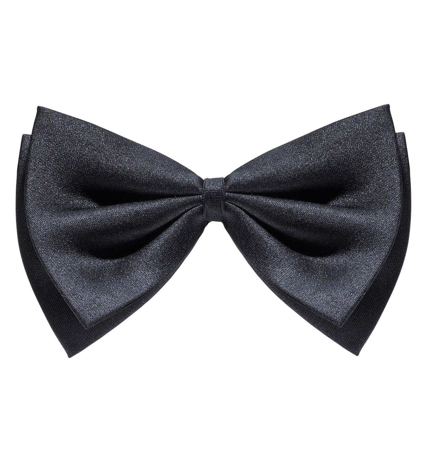 A single, black satin bowtie with a slight sheen, isolated on a white background.