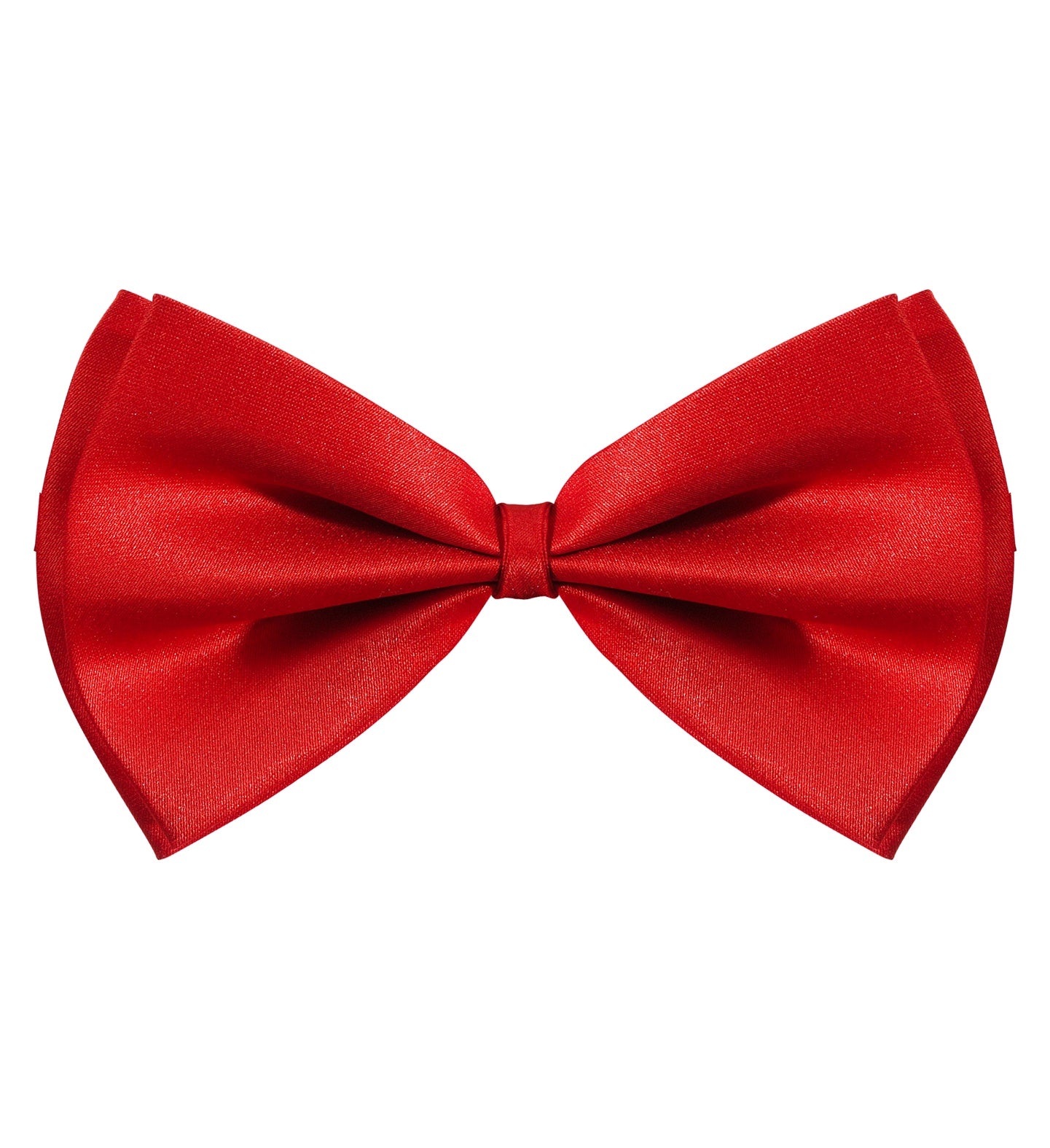 A single, red satin bowtie with a slight sheen, isolated on a white background.