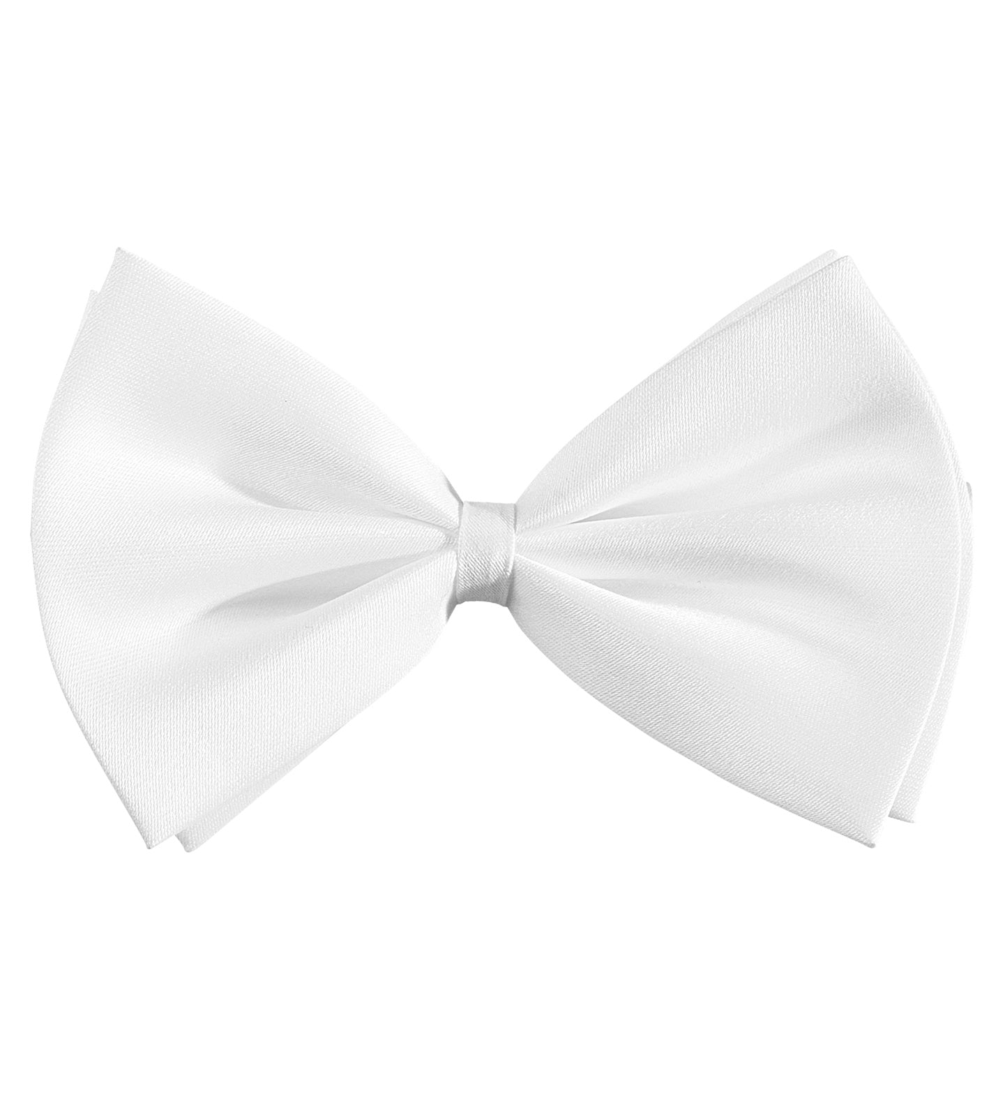 A single, white satin bowtie with a slight sheen, isolated on a white background.