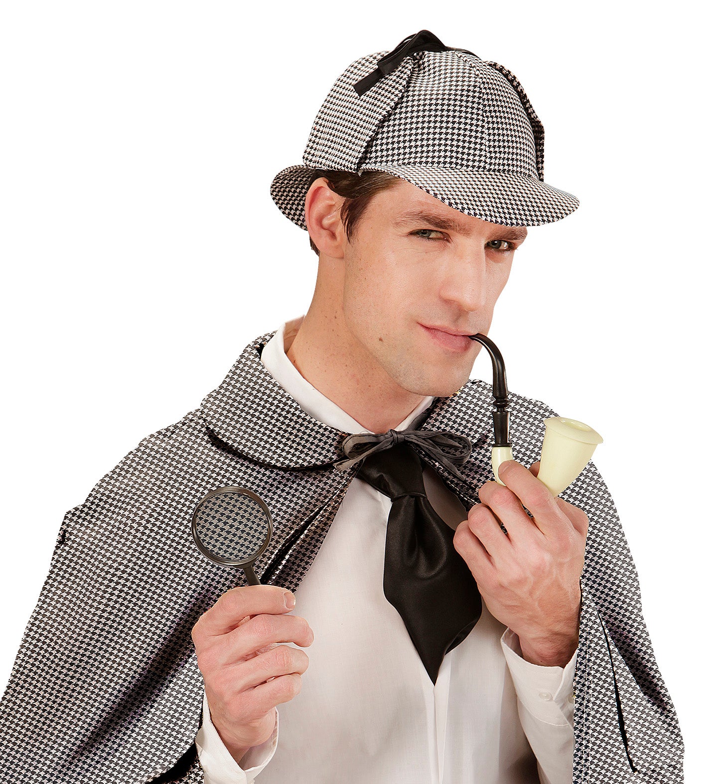 A person dressed as a classic detective wearing a black and white houndstooth deerstalker hat and matching cape, playfully holding a curved faux pipe in their mouth and a magnifying glass in their hand.