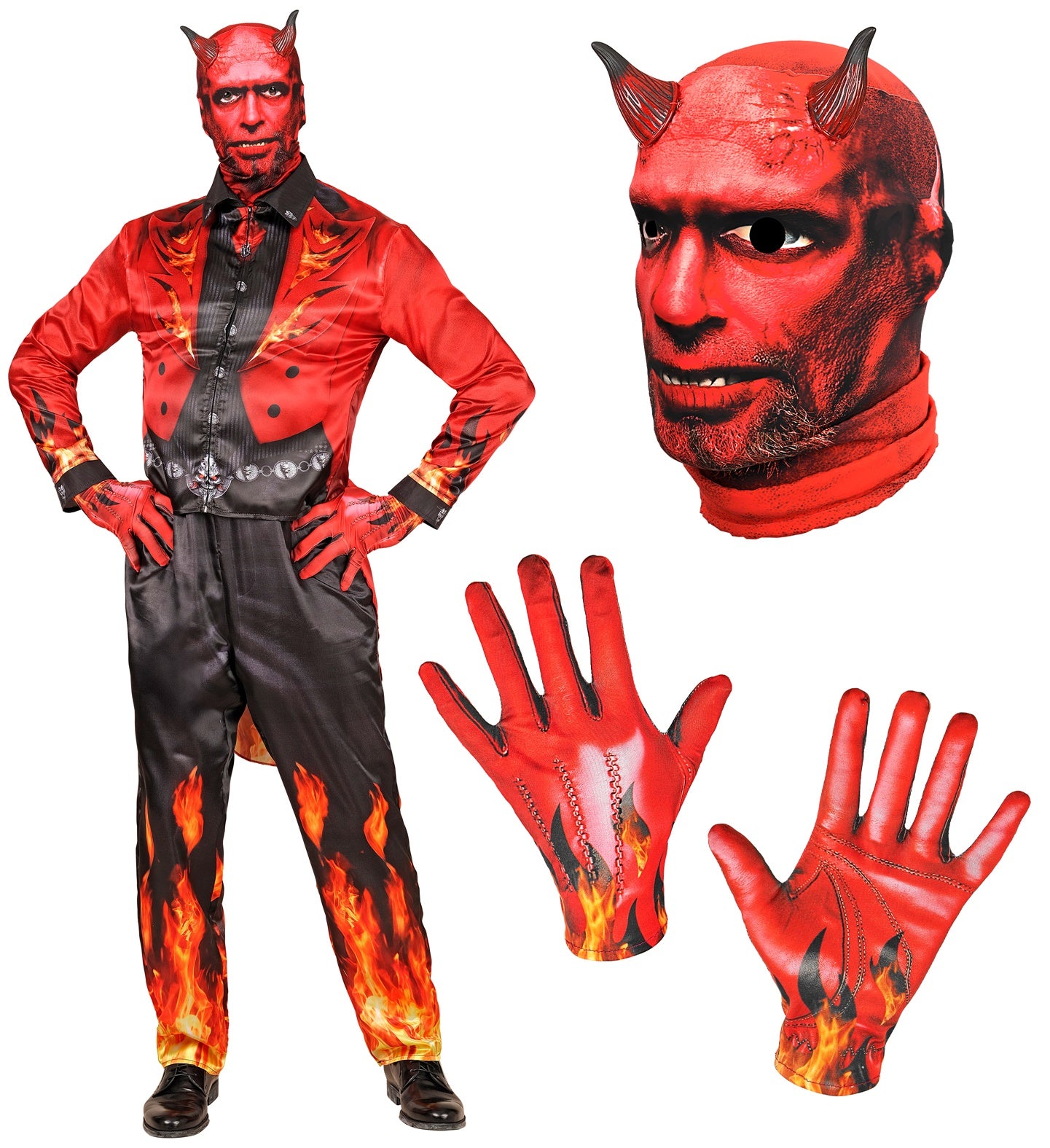 A collage of the adult devil costume, with a close-up of the red horned fabric mask and printed gloves.