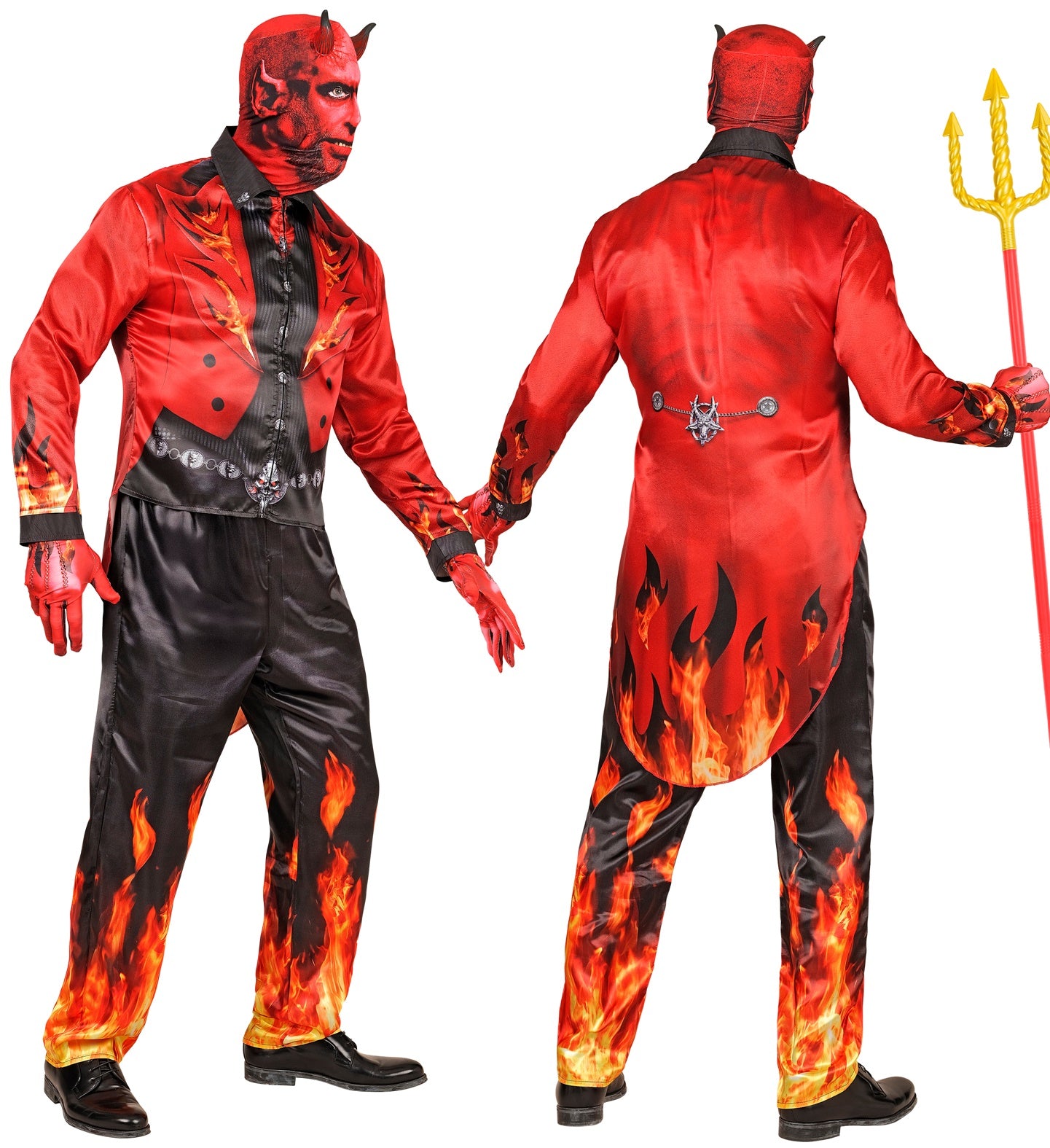 Front and back views of the adult devil fast costume, showing the printed tailcoat design and flame pants.